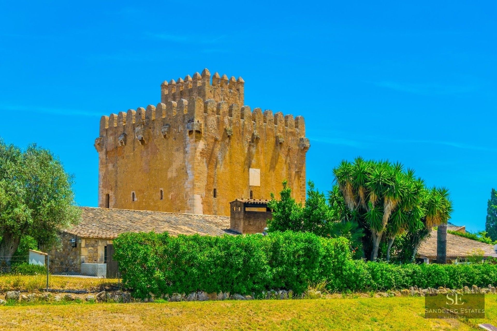 A grand medieval stone tower with battlements under a clear blue sky, surrounded by green hedges and trees.