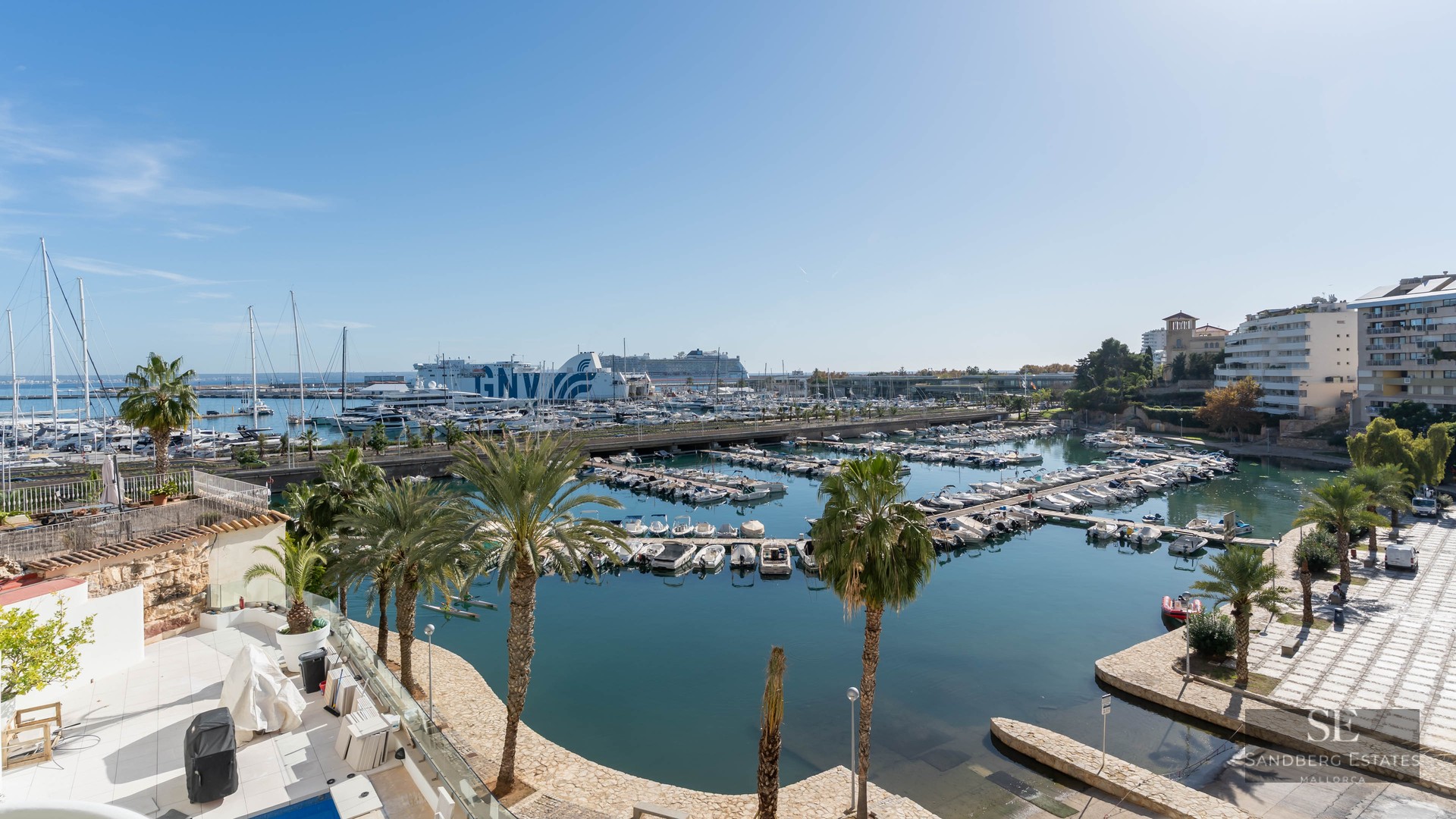 Elevated view of a marina with numerous white yachts, palm trees, and a large ferry under a clear blue sky.
