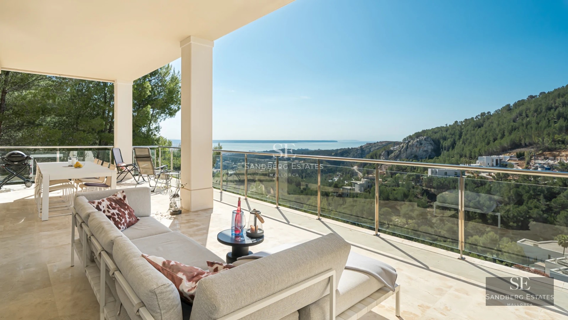 Modern exterior with pool, garden and large windows illuminating the interior. Minimalist design with clean lines.