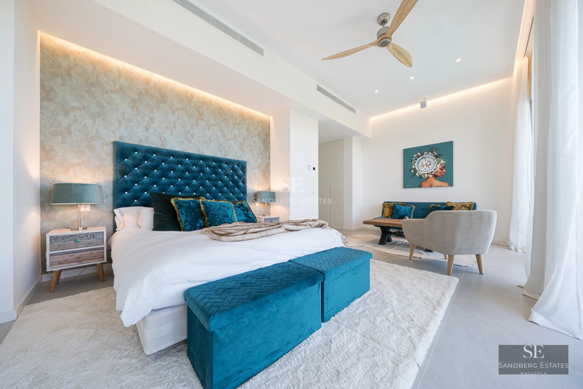 Pool and garden view. Modern architecture with large windows. Warm ambient lighting. Luxurious outdoor space.