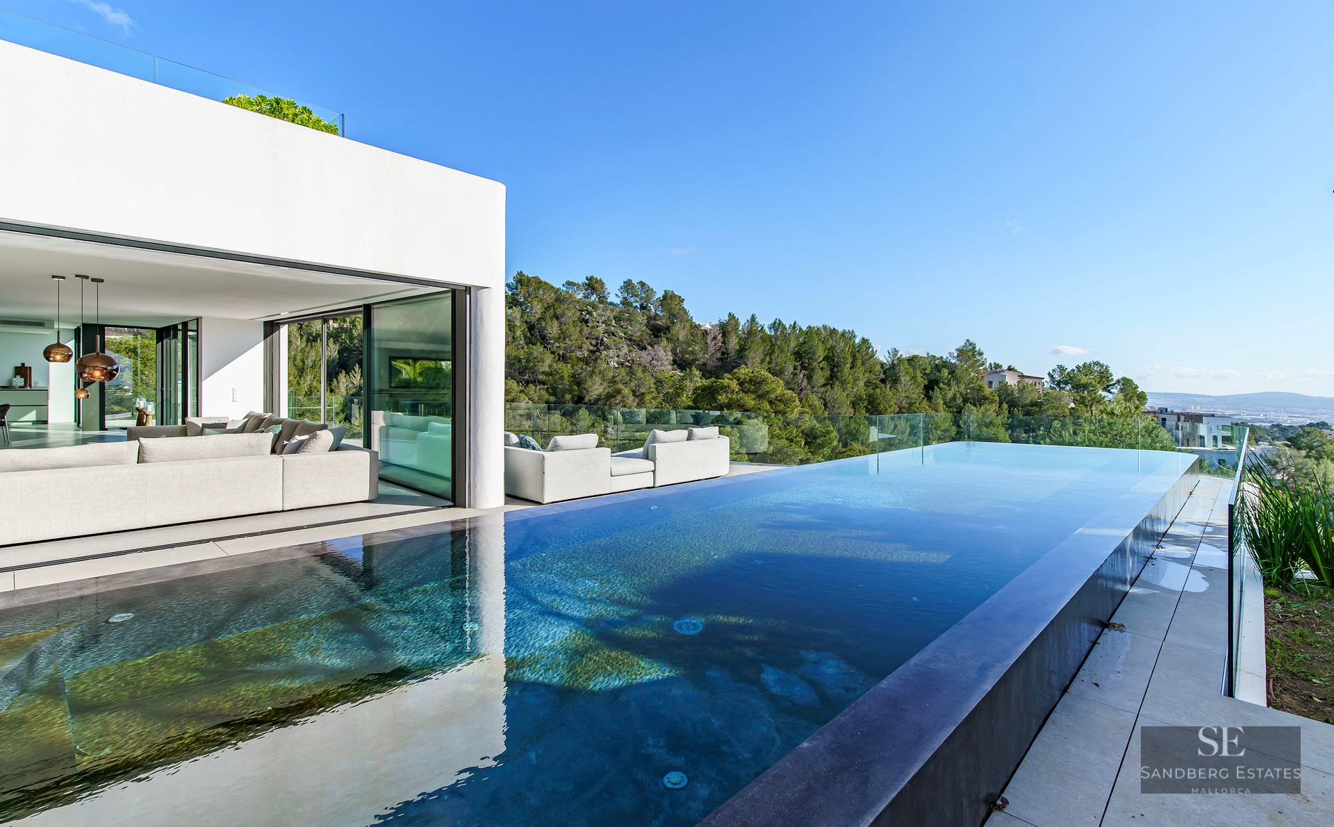 Luxury villa with infinity pool, glass terrace, and modern lounge overlooking a lush green forest.