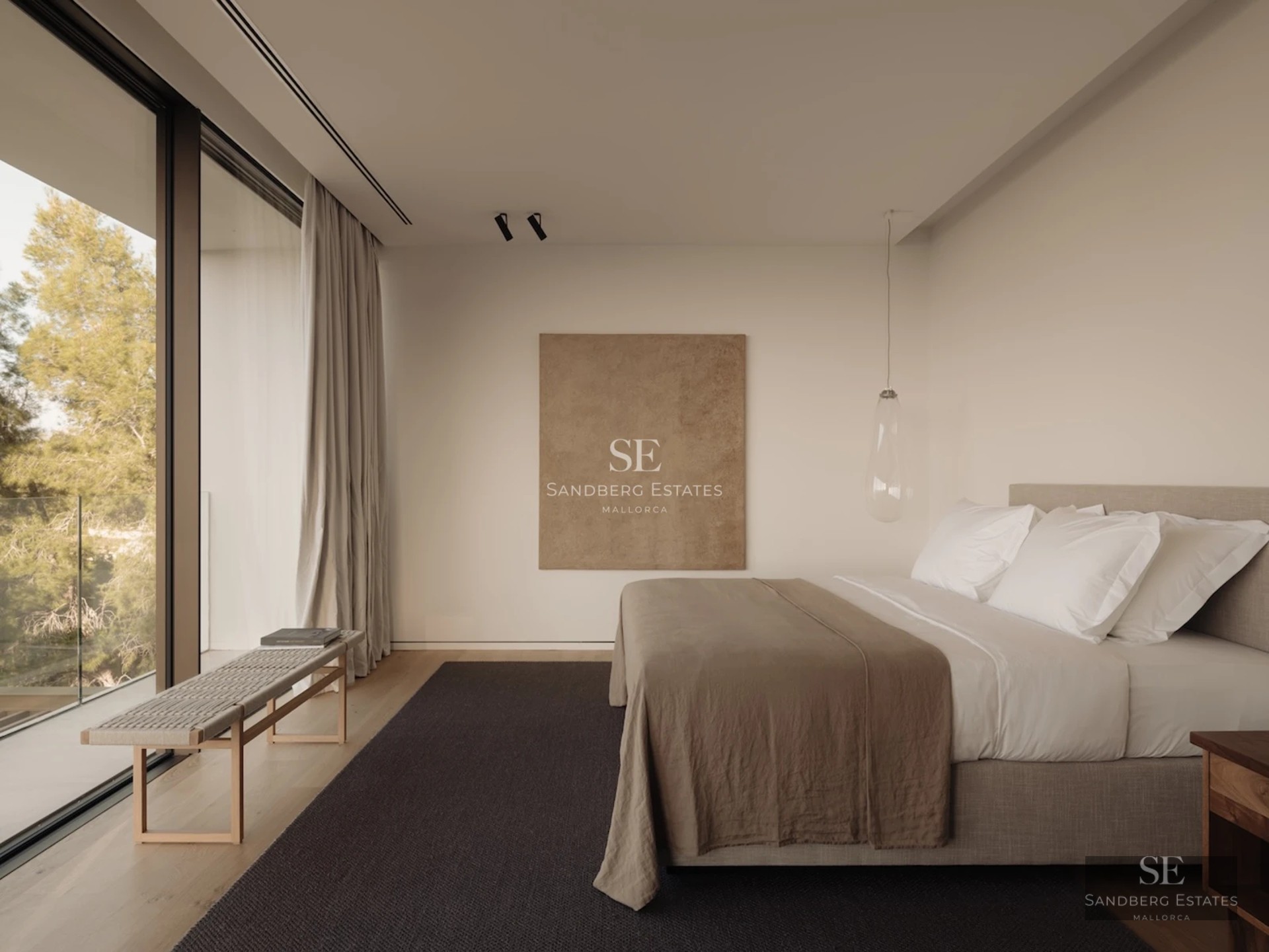 Exterior view of a modern villa with infinity pool. Minimalist architecture, large windows, and lush garden.