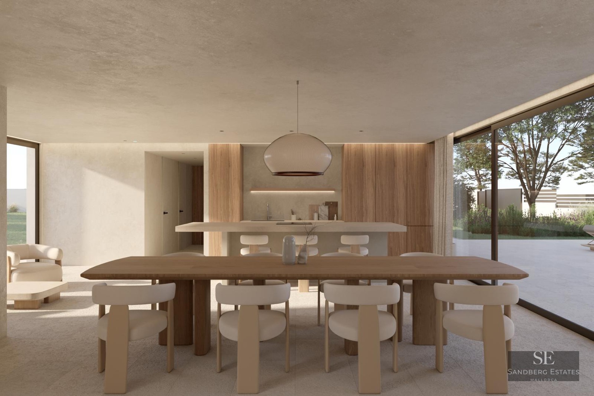 Minimalist dining area with a large wooden table, white chairs, and floor-to-ceiling windows facing a garden.