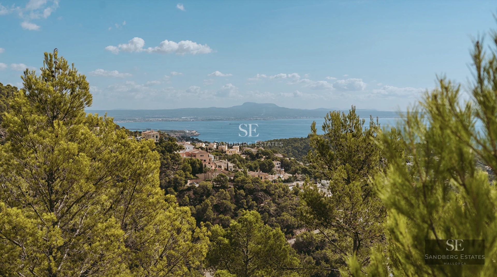 Spacious, bright living room with white sofas, textured rug, coffee table, and large windows overlooking the garden. Modern and elegant design.