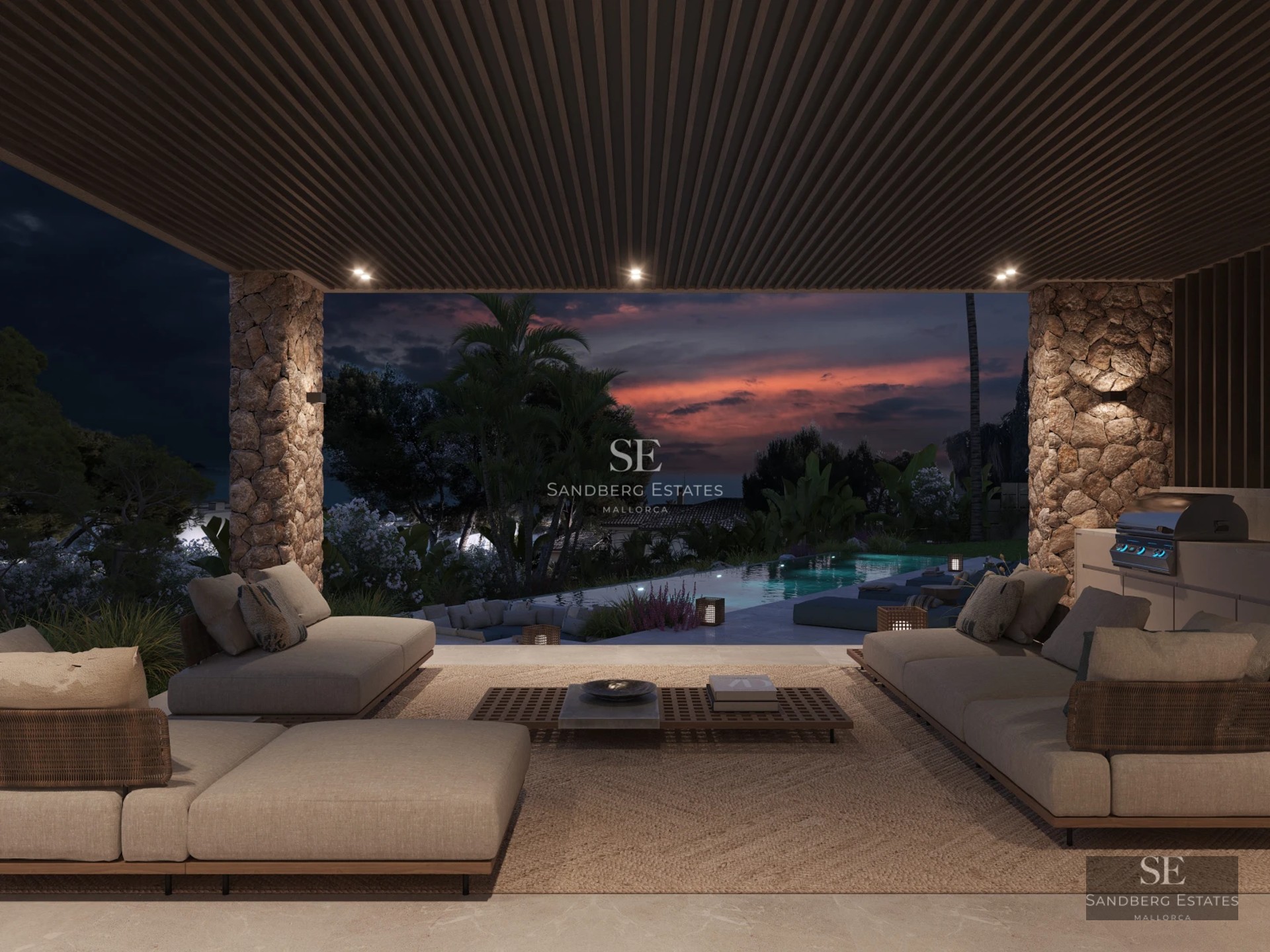 Aerial view of modern infinity pool, surrounded by greenery and lounge chairs. Minimalist design and relaxing atmosphere.