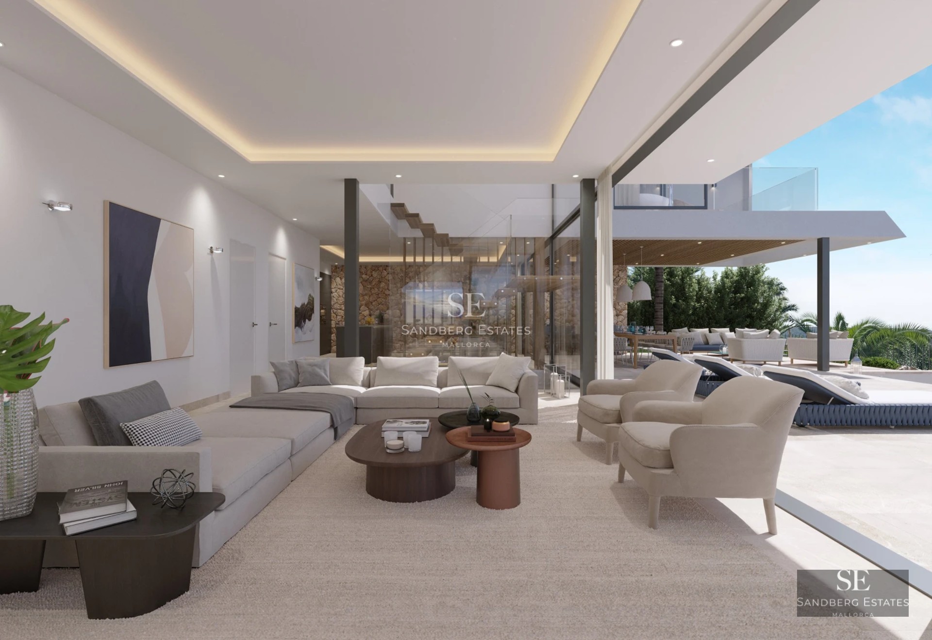 Exterior view of a modern villa with an infinity pool, expansive terraces, and lush gardens. Minimalist architecture with large window panes.