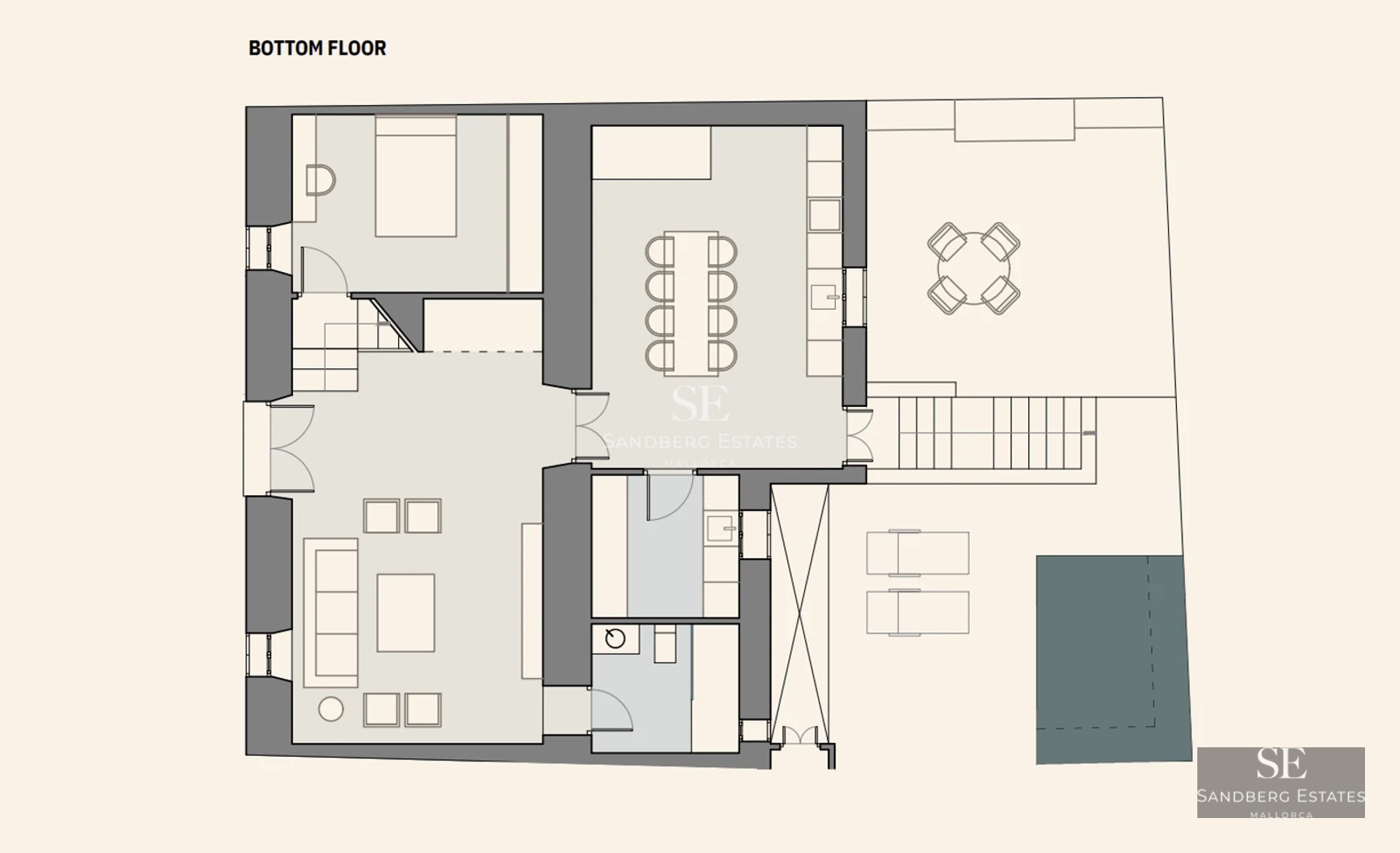 Spacious living room with floor-to-ceiling windows, modern fireplace and access to the pool terrace. Minimalist, elegant design.