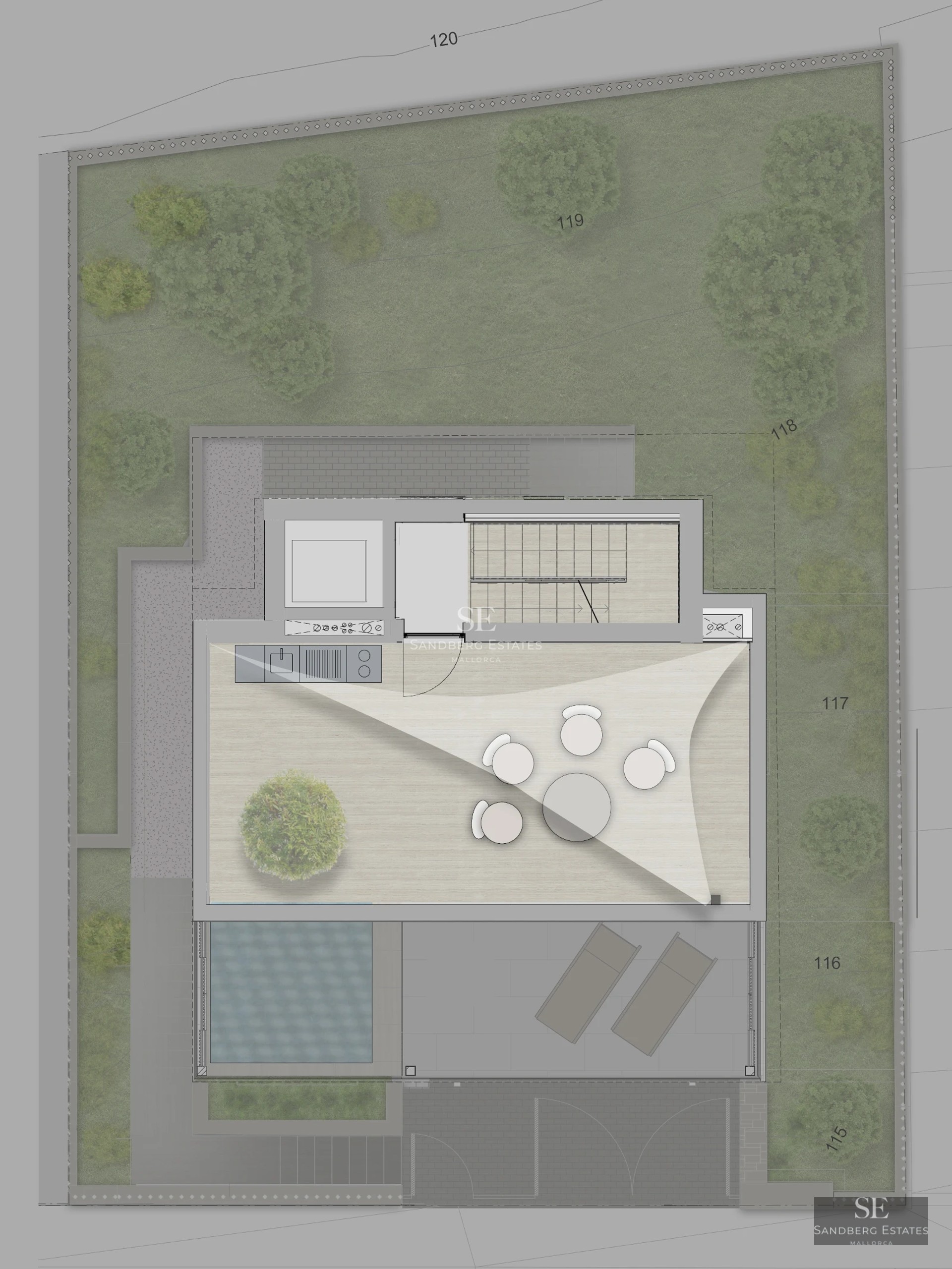 Pool view with sun loungers, surrounded by green lawn. Modern architecture with large windows and white facade.