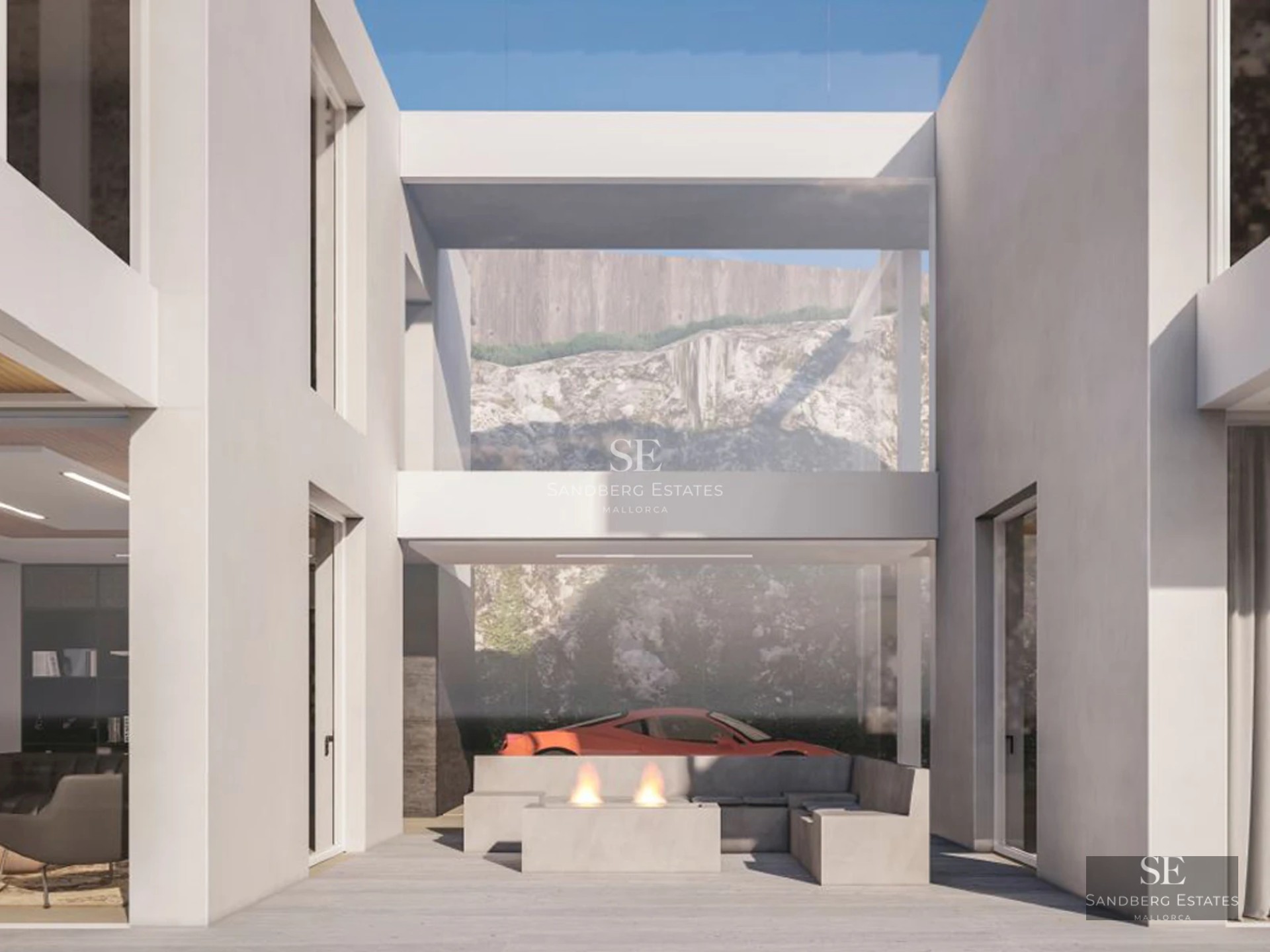 Panoramic view of a modern residence featuring an infinity pool and expansive terraces overlooking the sea. Minimalist and luxurious design.