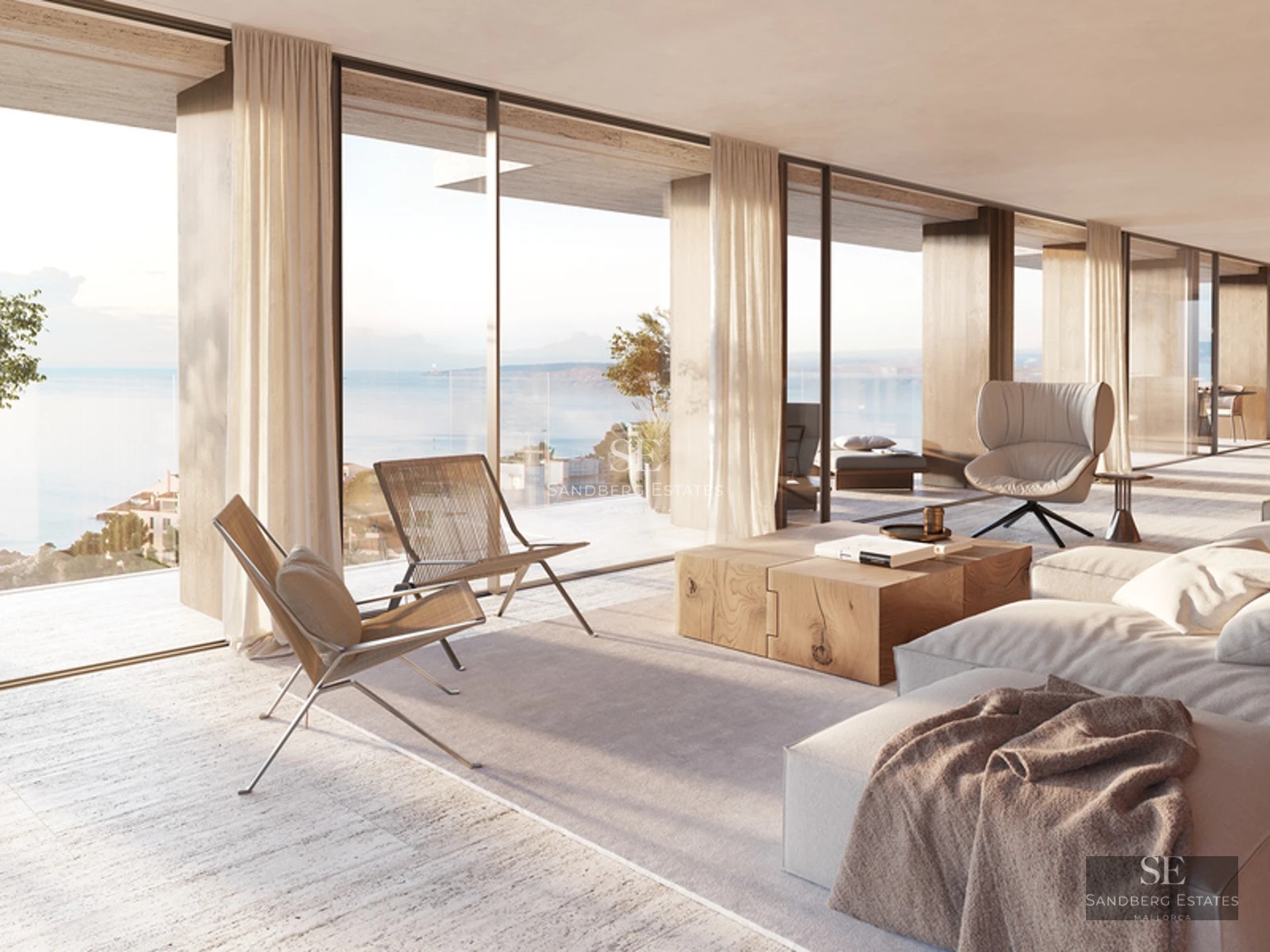 Exterior view of a modern house with a pool, garden, and large windows reflecting natural light. Minimalist architecture.