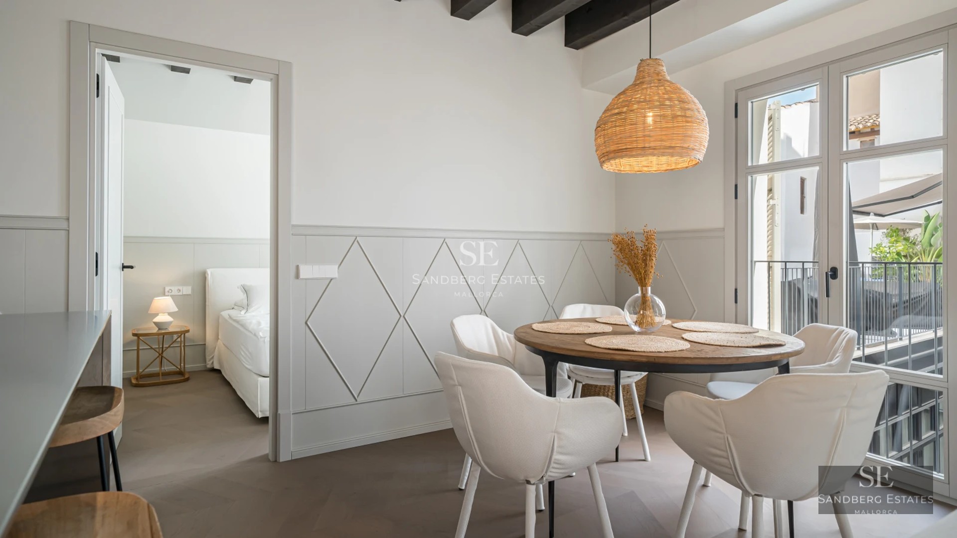 Spacious terrace with swimming pool and panoramic views. Modern design featuring glass railing and stylish furniture.