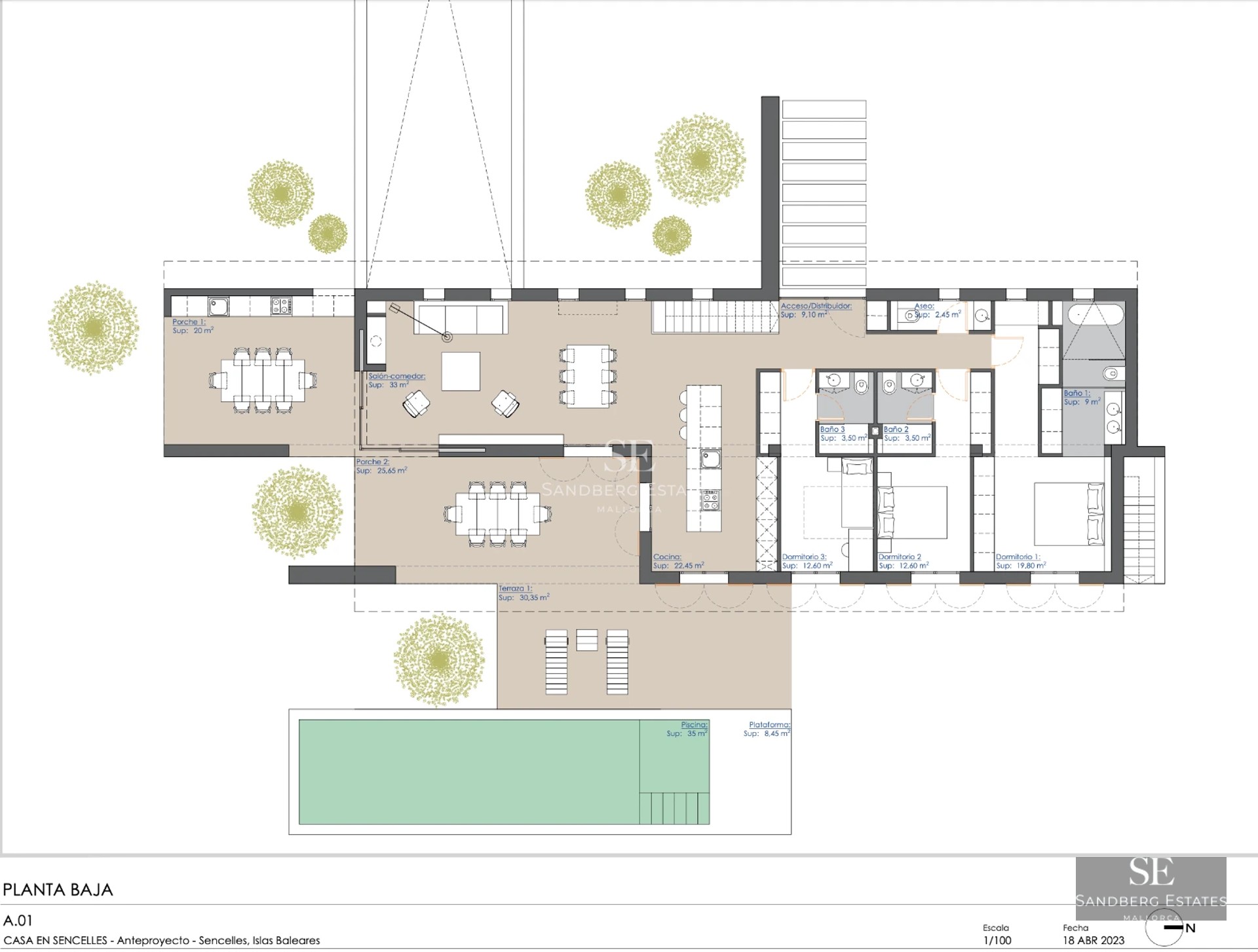 Image of a modern villa with a pool. Minimalist architecture, large windows and lush landscaping. Warm lighting.
