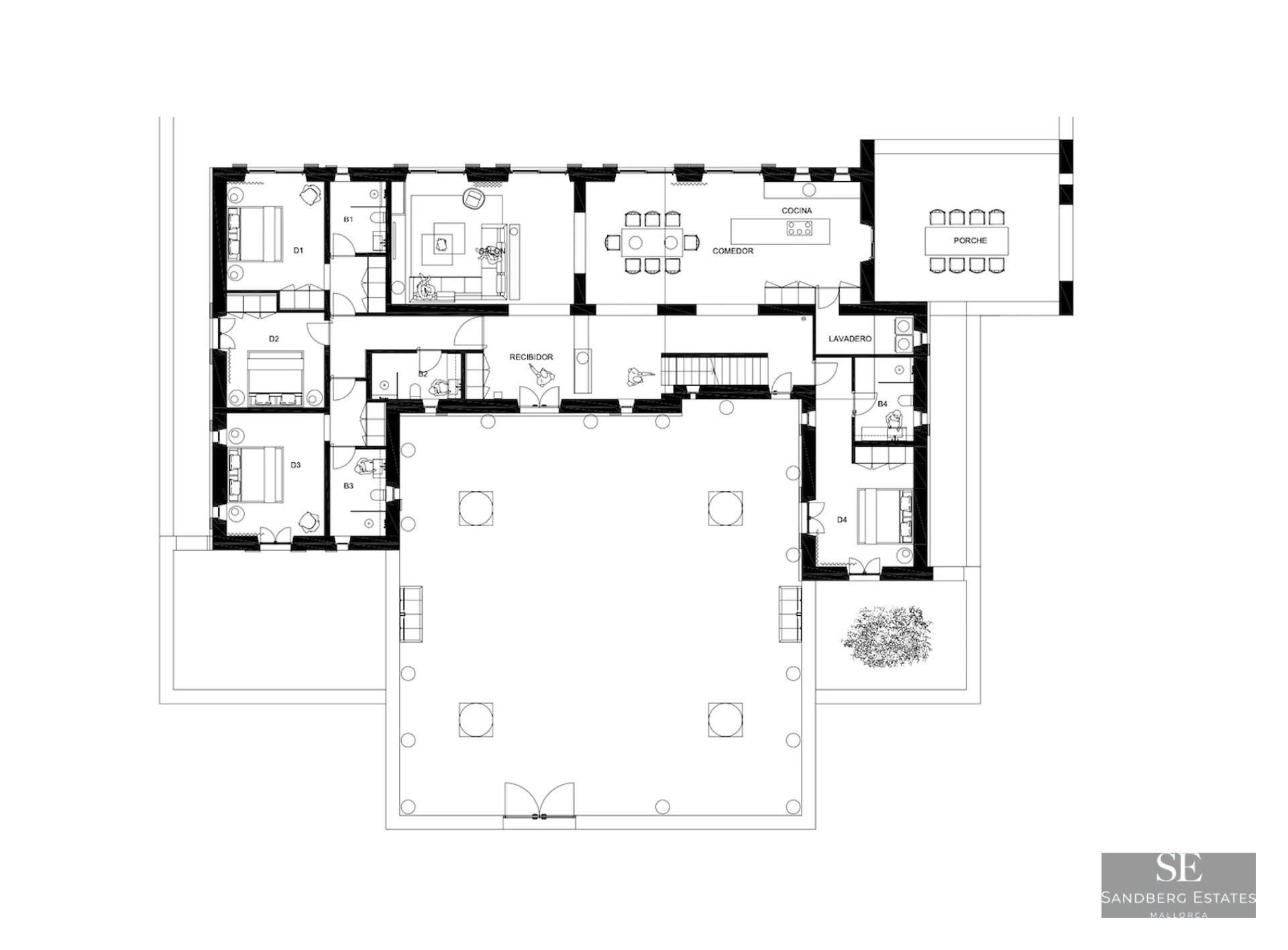 View of an infinity pool with a glass edge, sun loungers, and umbrellas. Modern design with high-quality finishes and landscaped garden.