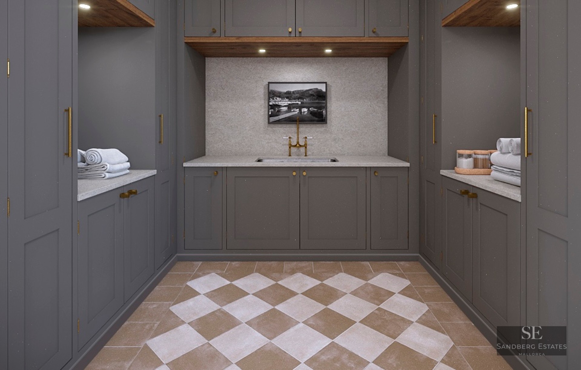 Utility room featuring dark gray cabinets, brass fixtures, and a checkerboard tile floor.