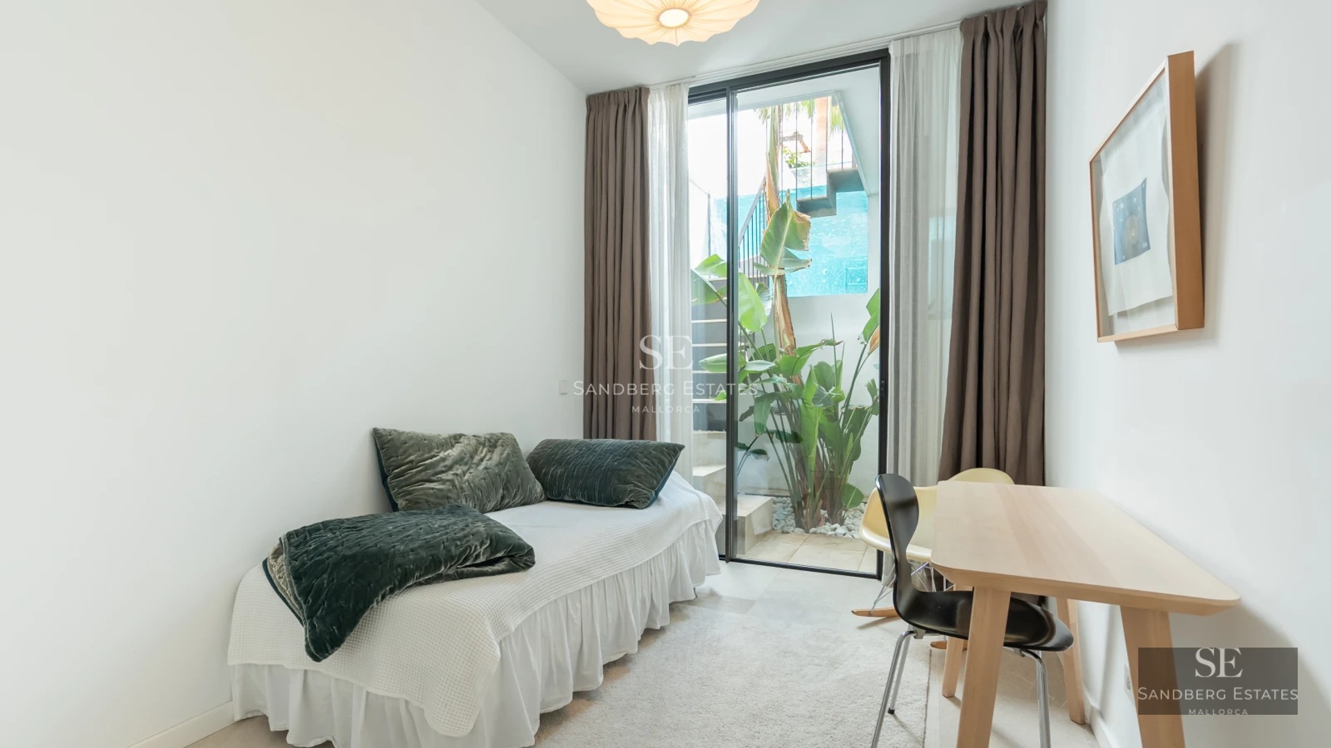 Exterior view of a modern villa with a pool, manicured garden and minimalist architecture. Soft lighting and predominantly neutral tones.