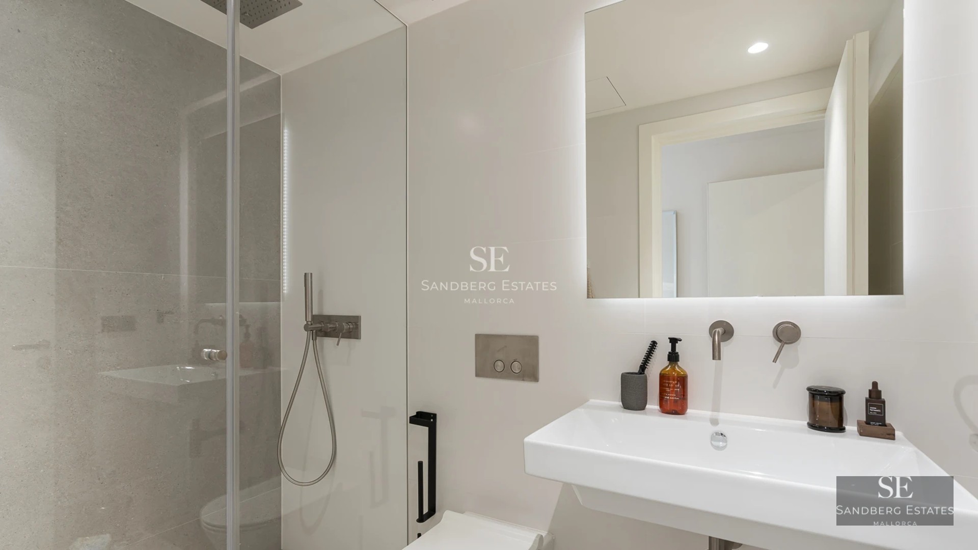 Pool and modern house view featuring large windows, minimalist architecture, and lush greenery.