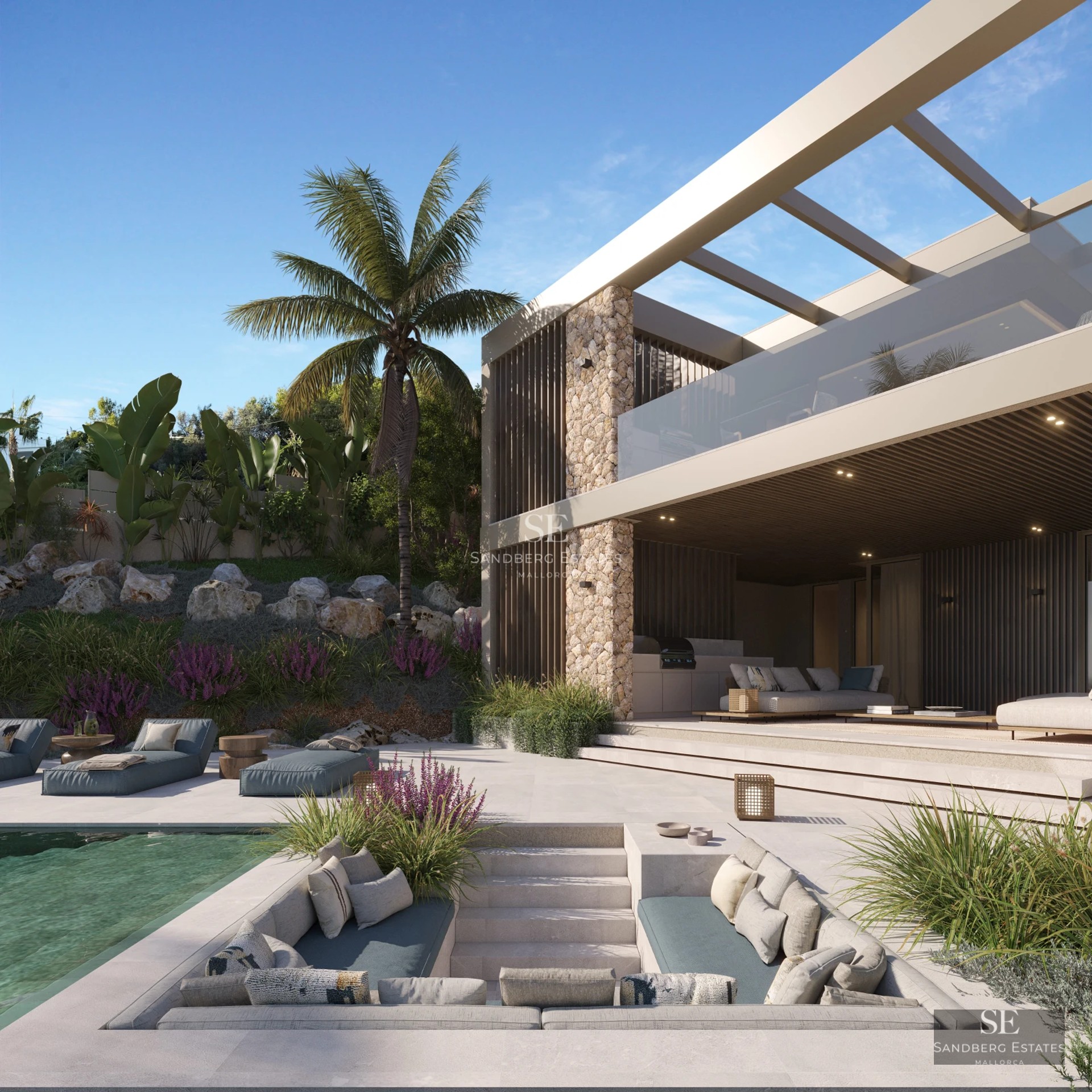 Spacious terrace with pool, sun loungers, and panoramic views. Modern design with clean lines and high-end materials.