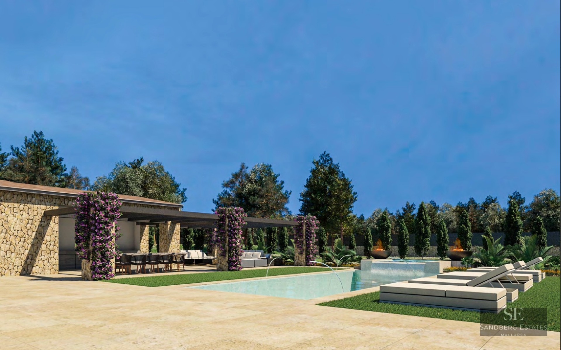 Modern swimming pool with stone architecture, purple flowers, fire pits, and lounge chairs under a clear blue sky.