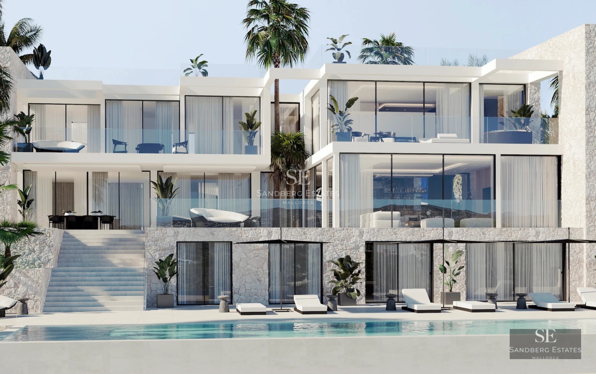 View of infinity pool, sun loungers, and modern house in the background. Sleek design with abundant natural light and neutral color palette.