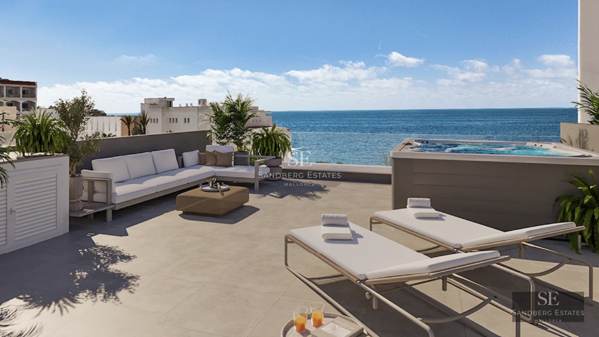 Spacious terrace featuring an infinity pool and panoramic views. Modern design with wood flooring and elegant furniture.