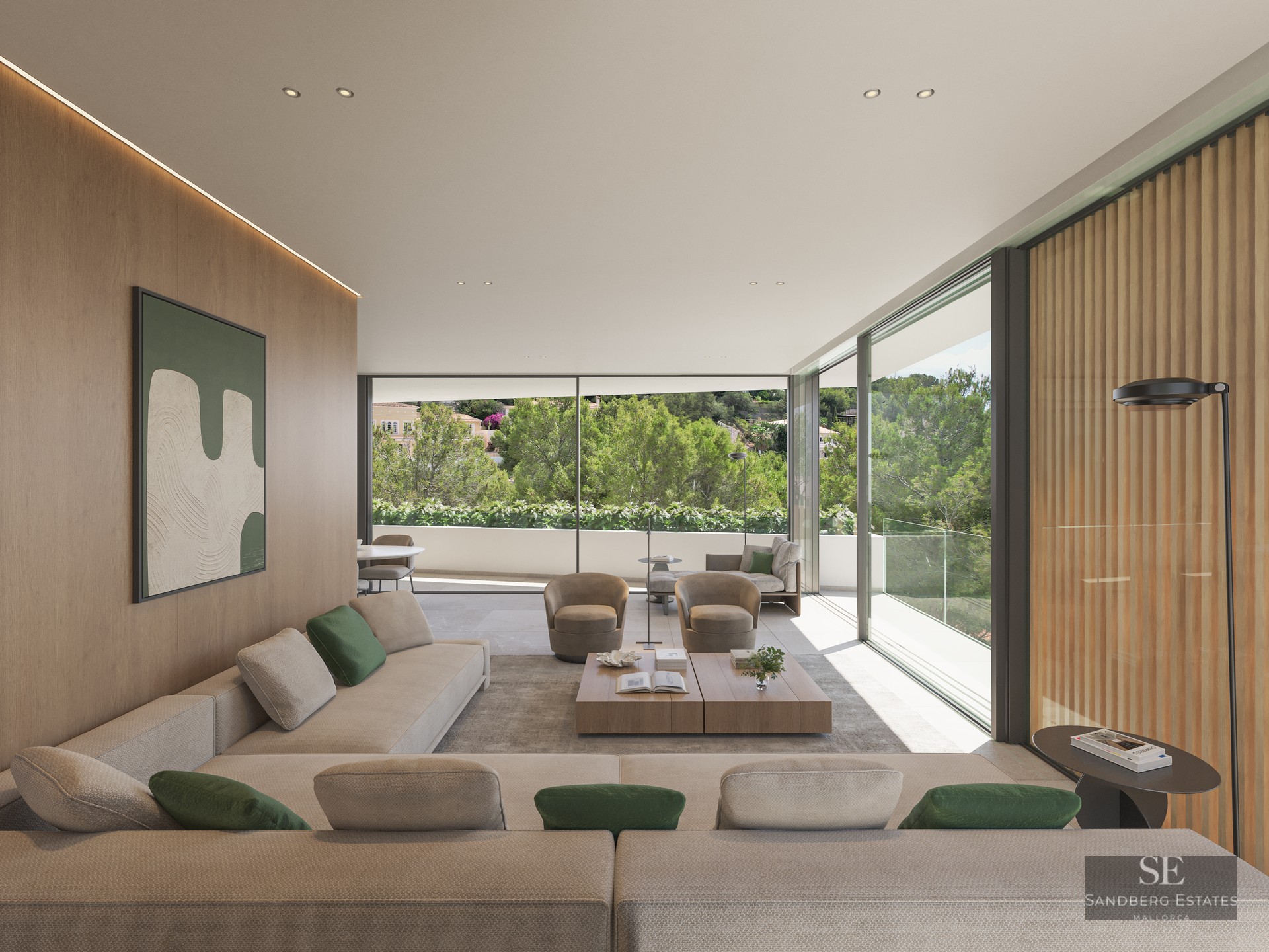 Spacious luxury living room featuring cream sofas, a wood-paneled wall, and floor-to-ceiling windows overlooking a lush forest.