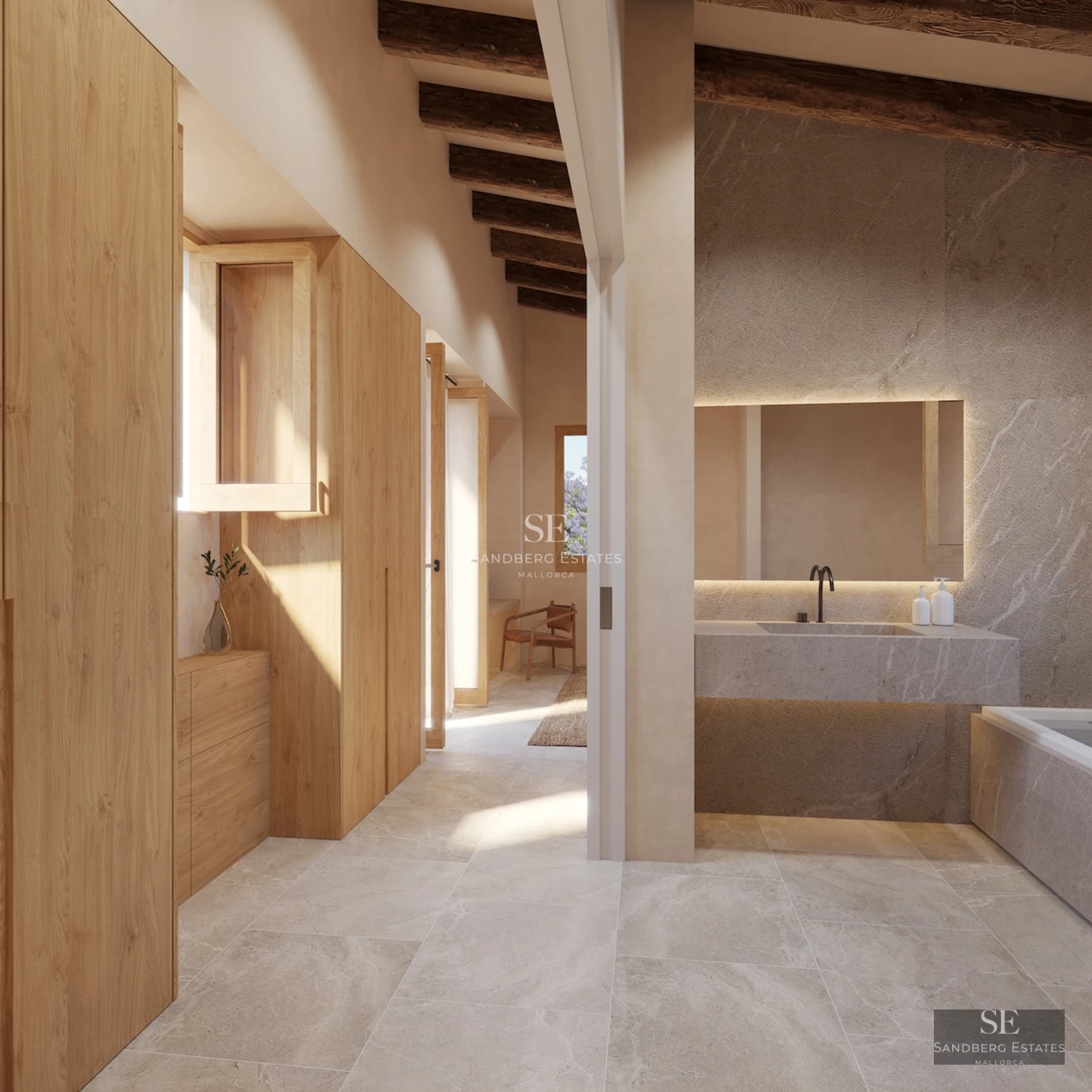 Spacious terrace with sea views, modern and elegant furniture, perfect for outdoor relaxation. Minimalist architectural design.