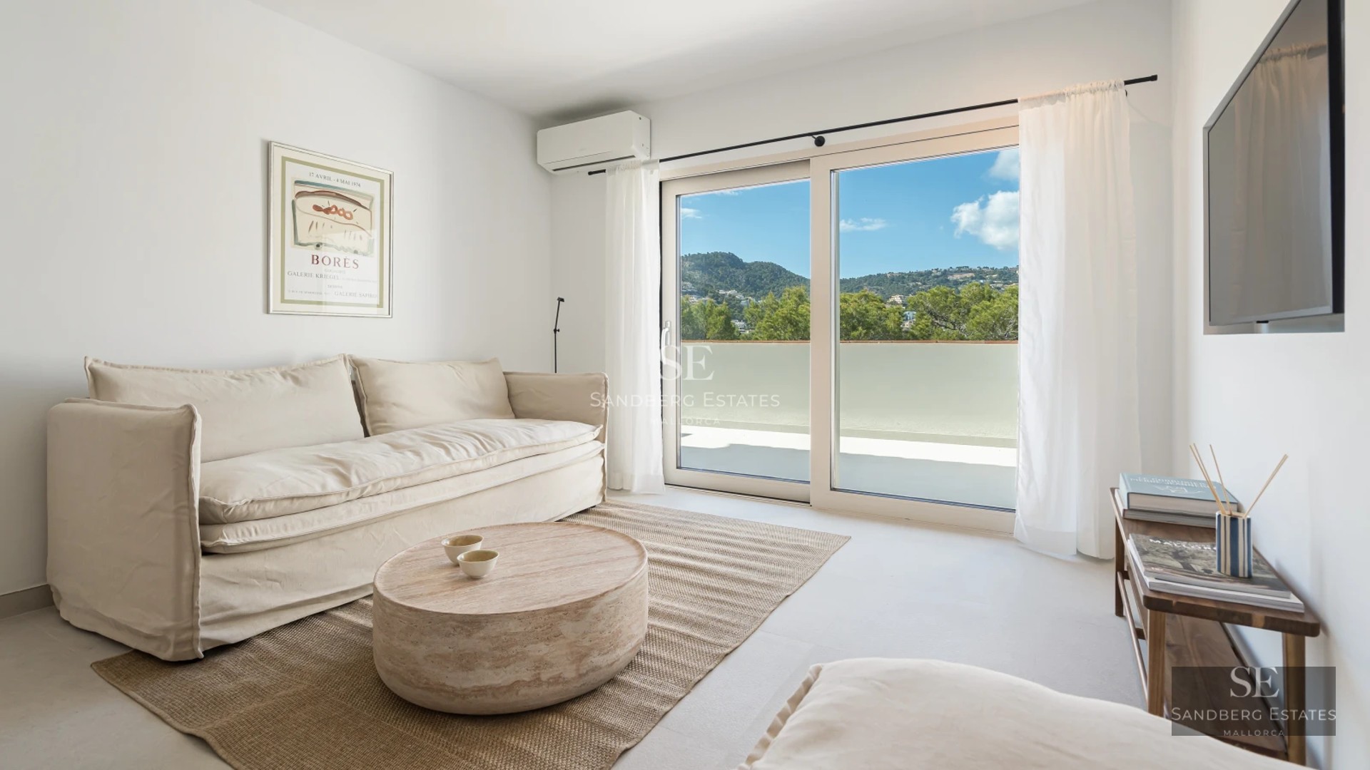 Exterior view of modern villa with pool and lush garden. Minimalist architecture with large windows and clean lines.