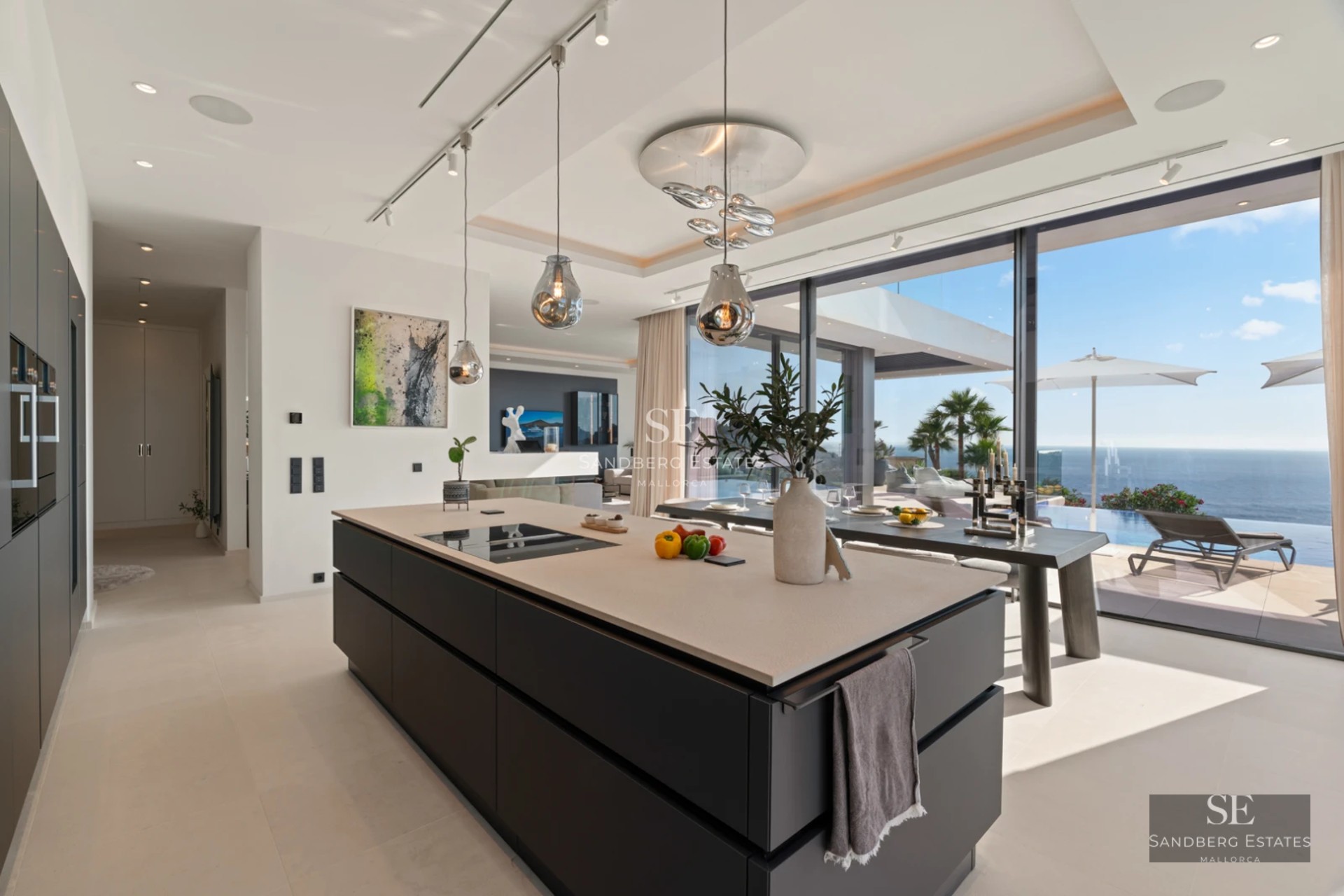Spacious living room with fireplace, leather sofas, designer rug, and floor-to-ceiling windows overlooking garden. Design lamps and built-in shelves.