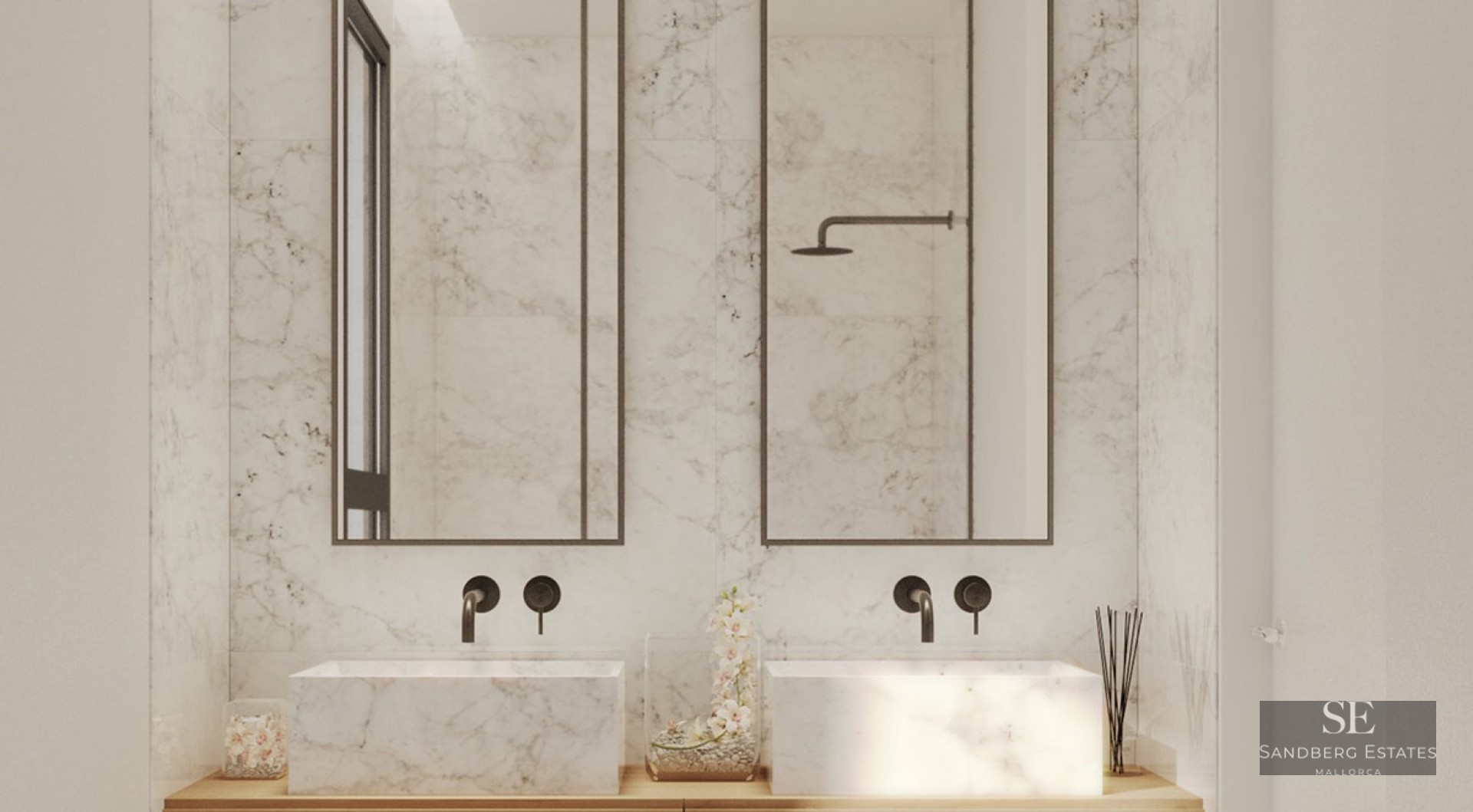 Modern master bathroom with two white marble vessel sinks, matte black wall-mounted faucets, and tall mirrors.