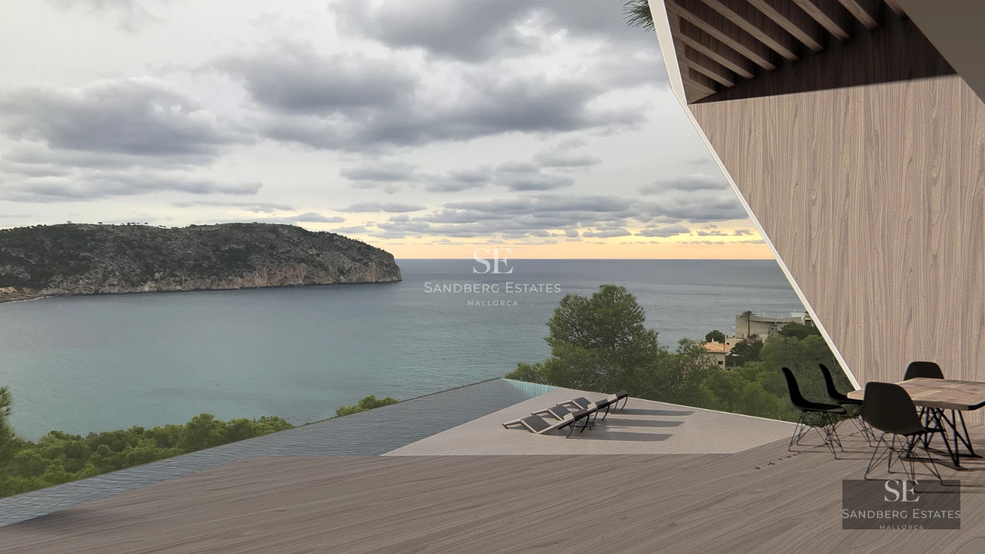 View of a modern swimming pool with lounge chairs, umbrellas, and lush garden. Elegant design with ambient lighting.