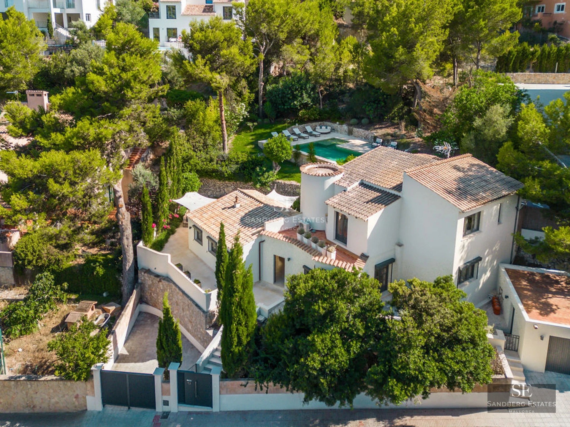 Exterior view of modern villa with infinity pool. Minimalist architecture, large windows, lush landscaping. Warm lighting.