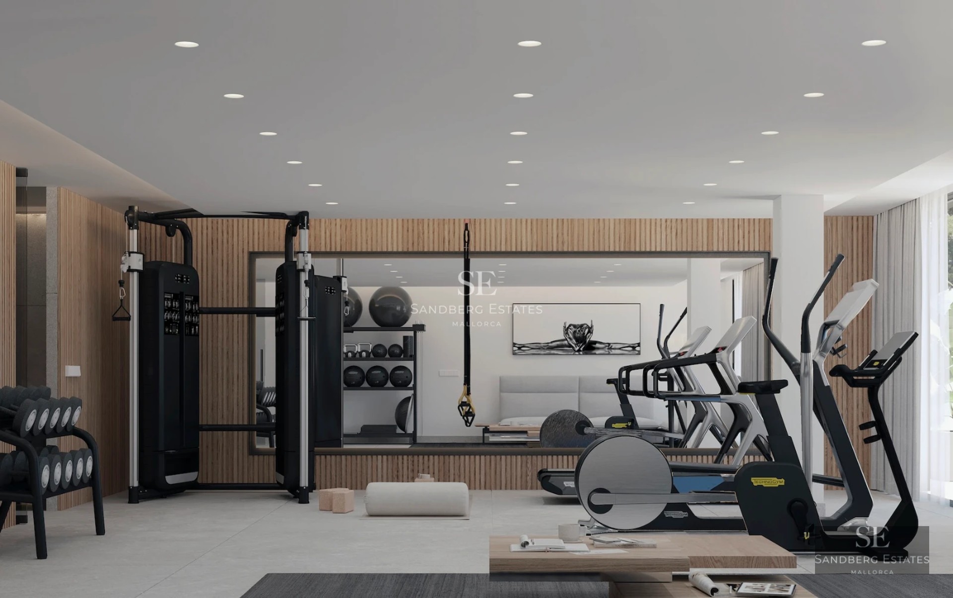 Spacious living room with floor-to-ceiling windows, infinity pool, and sea view. Modern, minimalist design with high-quality finishes.