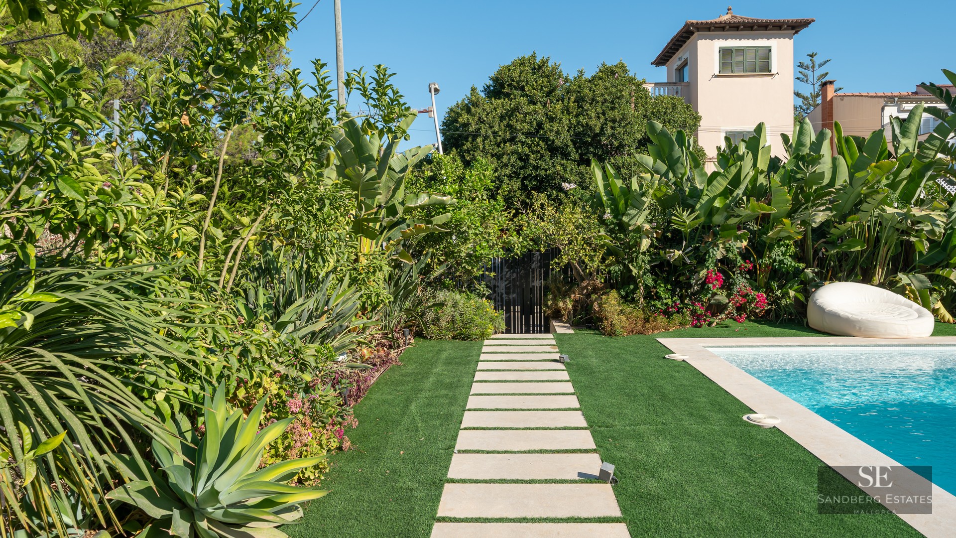 Modern swimming pool with stone path and lush tropical greenery under a clear blue sky.