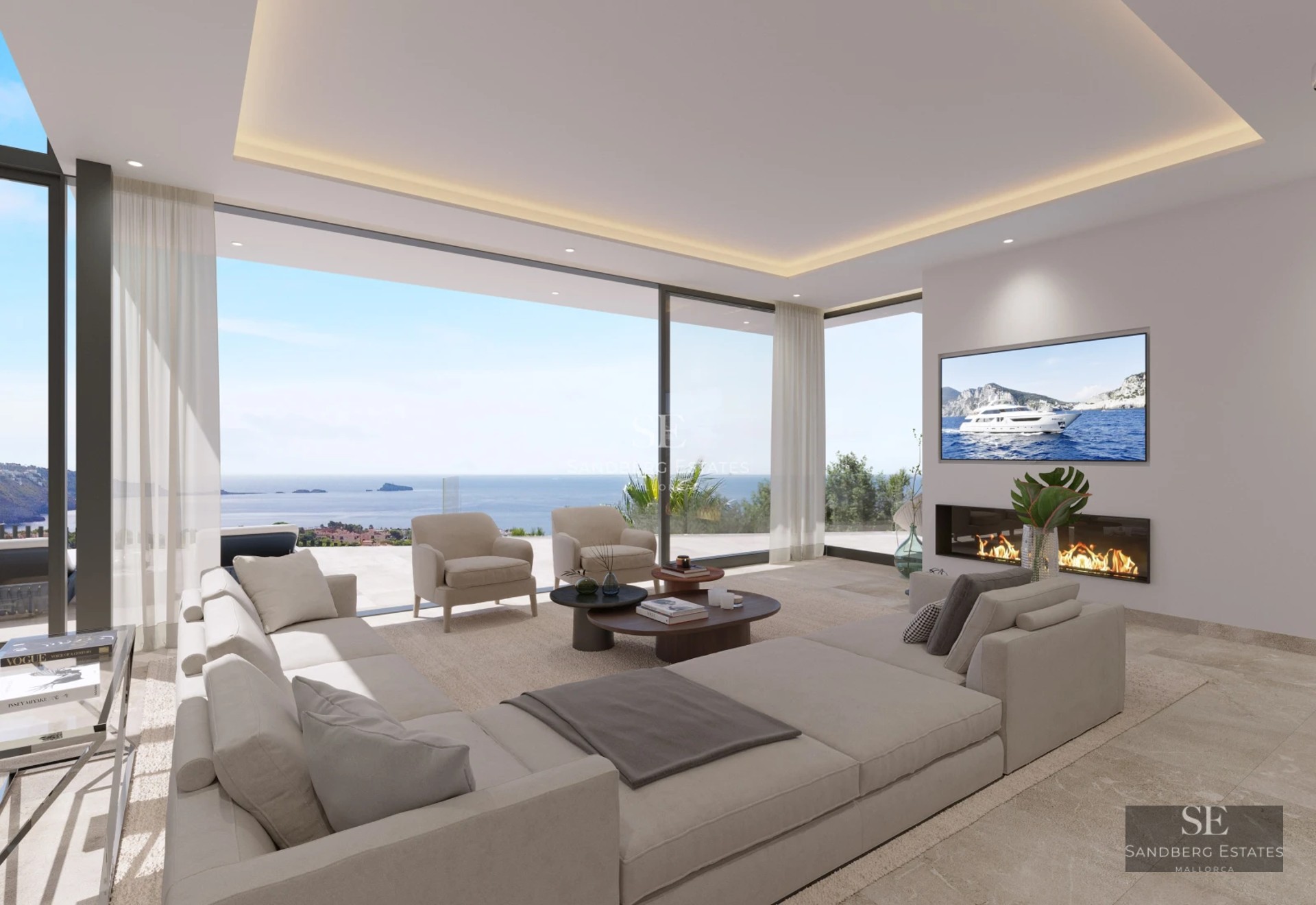 View of infinity pool with sun loungers and lush vegetation. Modern architecture with large glass windows and minimalist design.