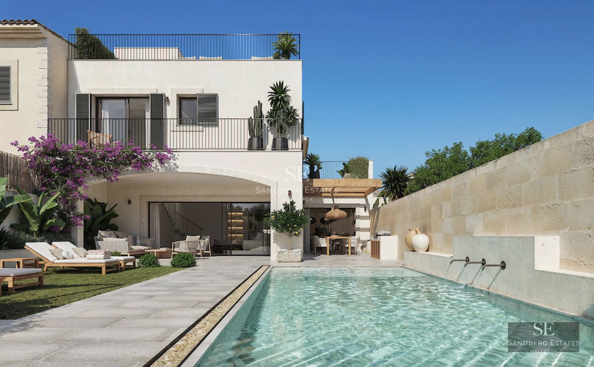View of infinity pool and lush garden of a modern villa with large windows and minimalist design. Warm sunset glow.