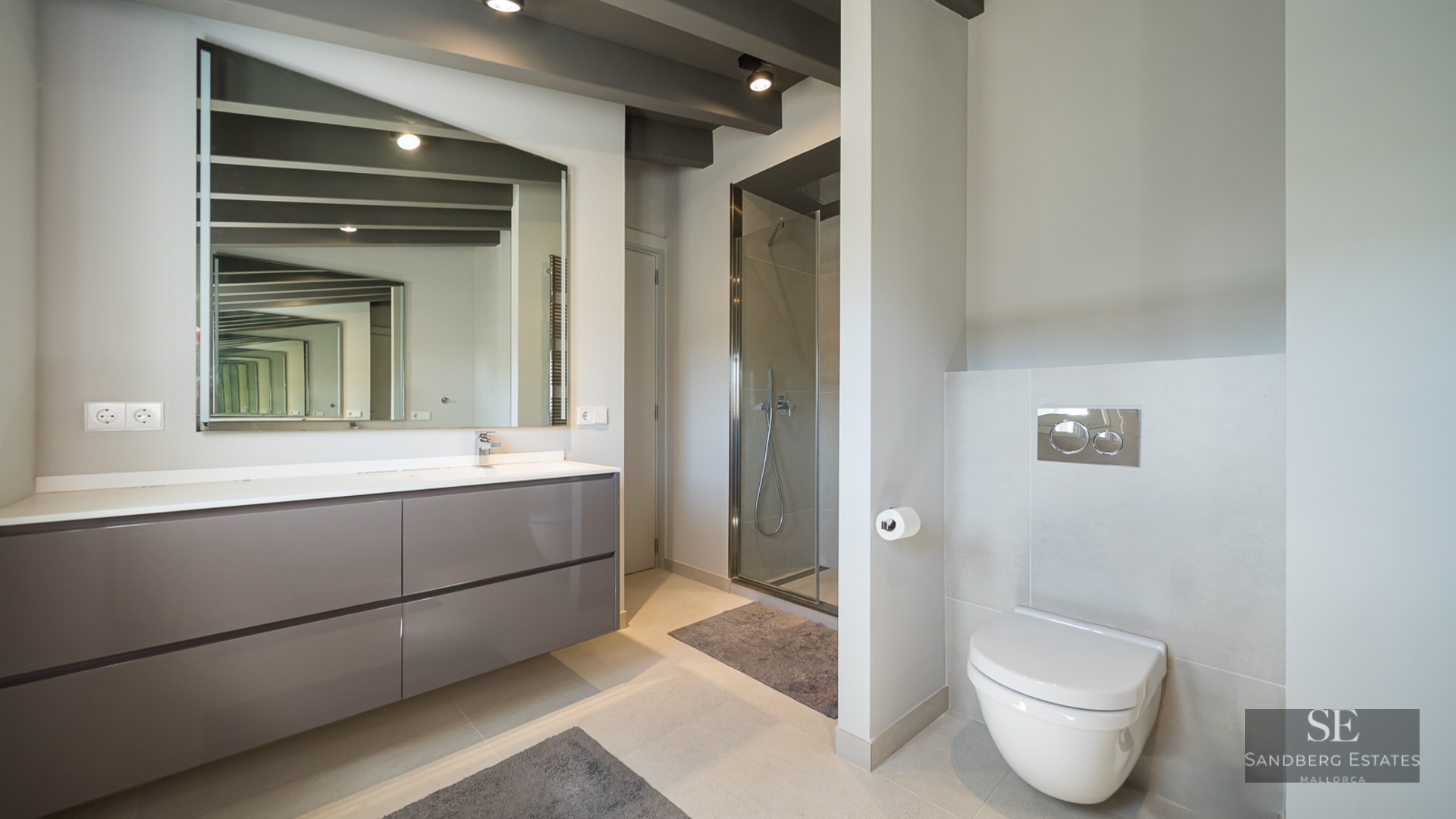 Modern bathroom featuring a grey floating vanity, glass walk-in shower, wall-mounted toilet, and exposed ceiling beams.