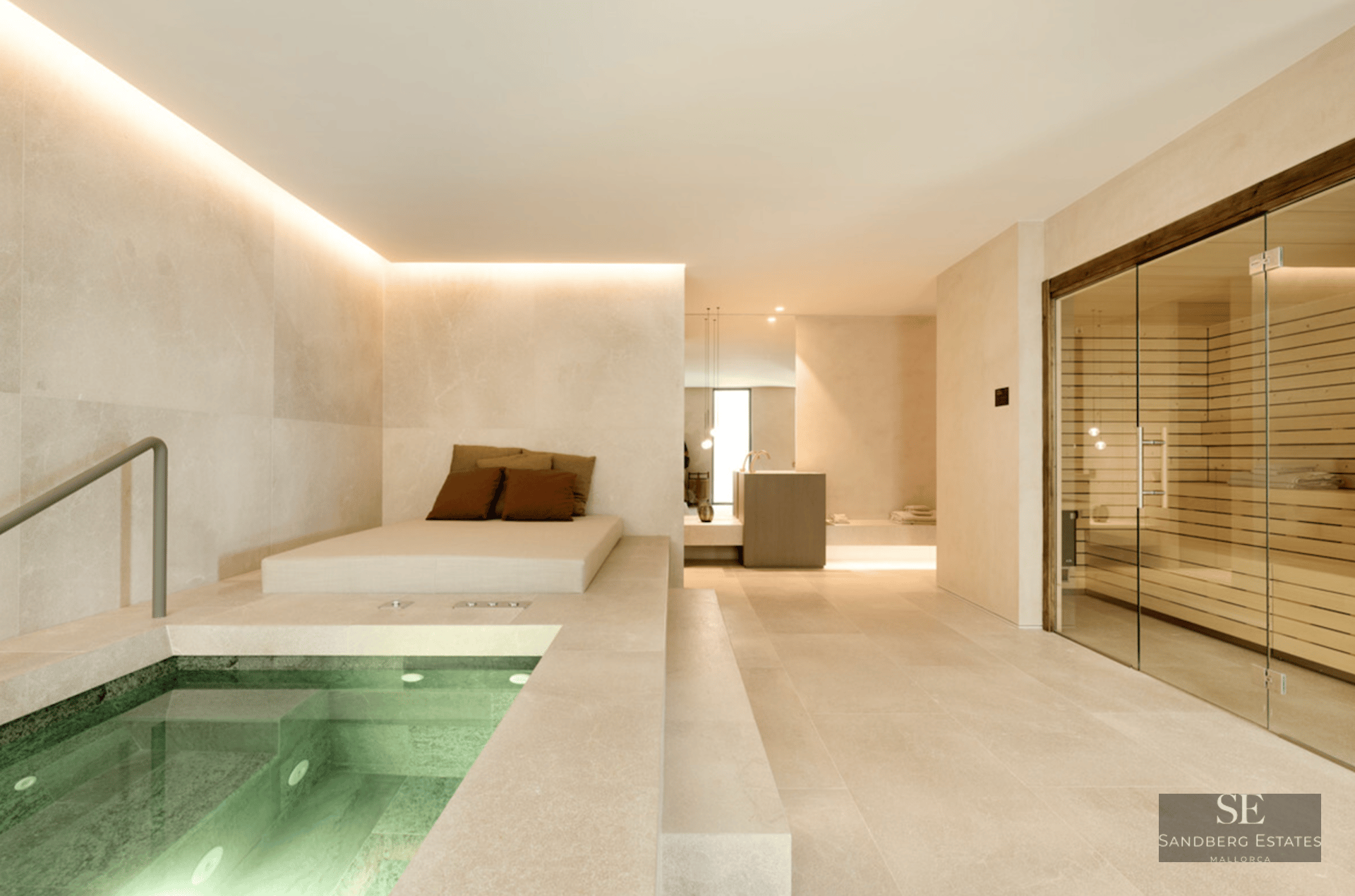 Modern indoor spa featuring a small square pool, a lounging daybed, and a glass-walled wooden sauna.