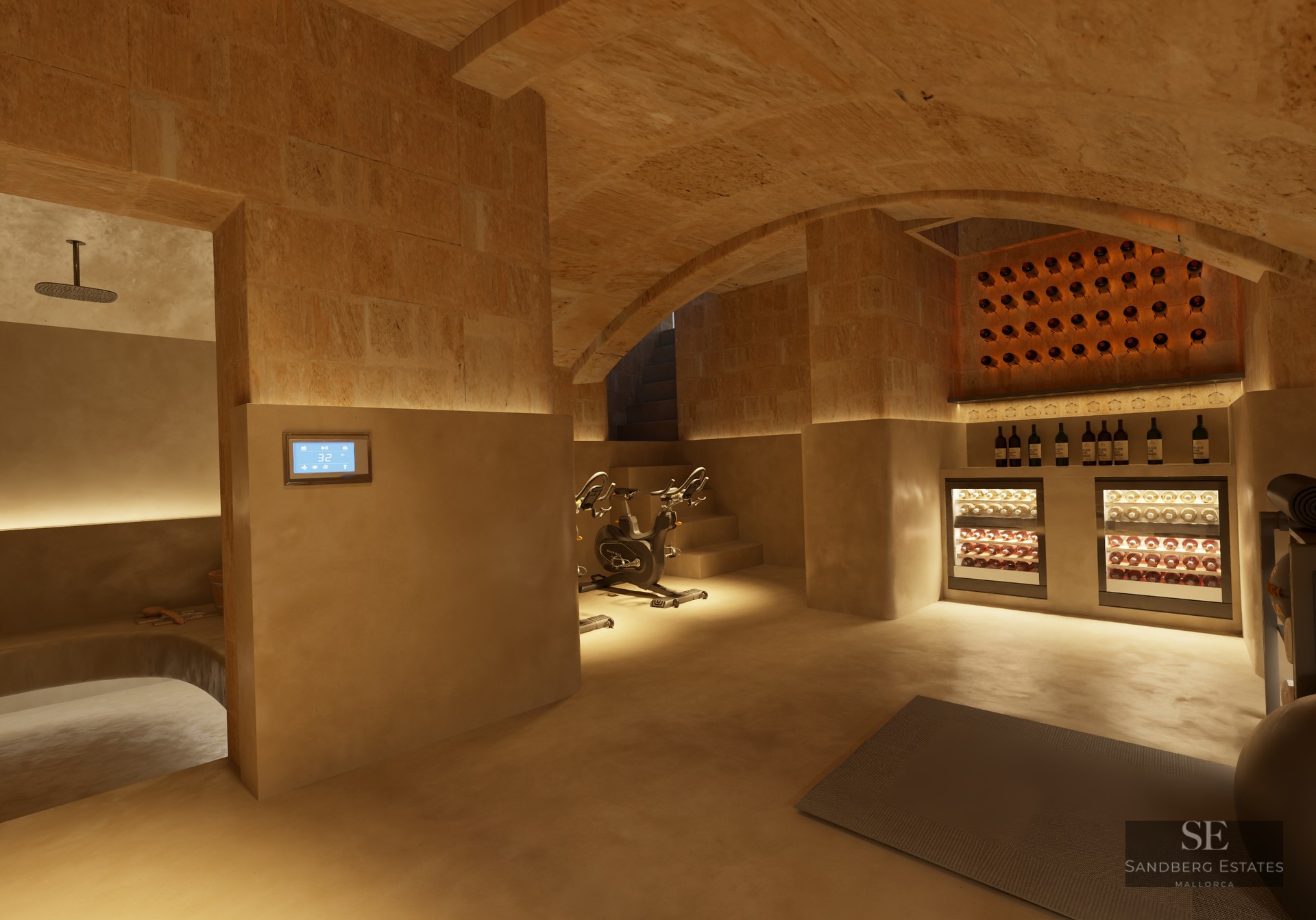 Underground wellness suite with vaulted stone ceilings, featuring exercise bikes, a wine cellar, and a steam room.