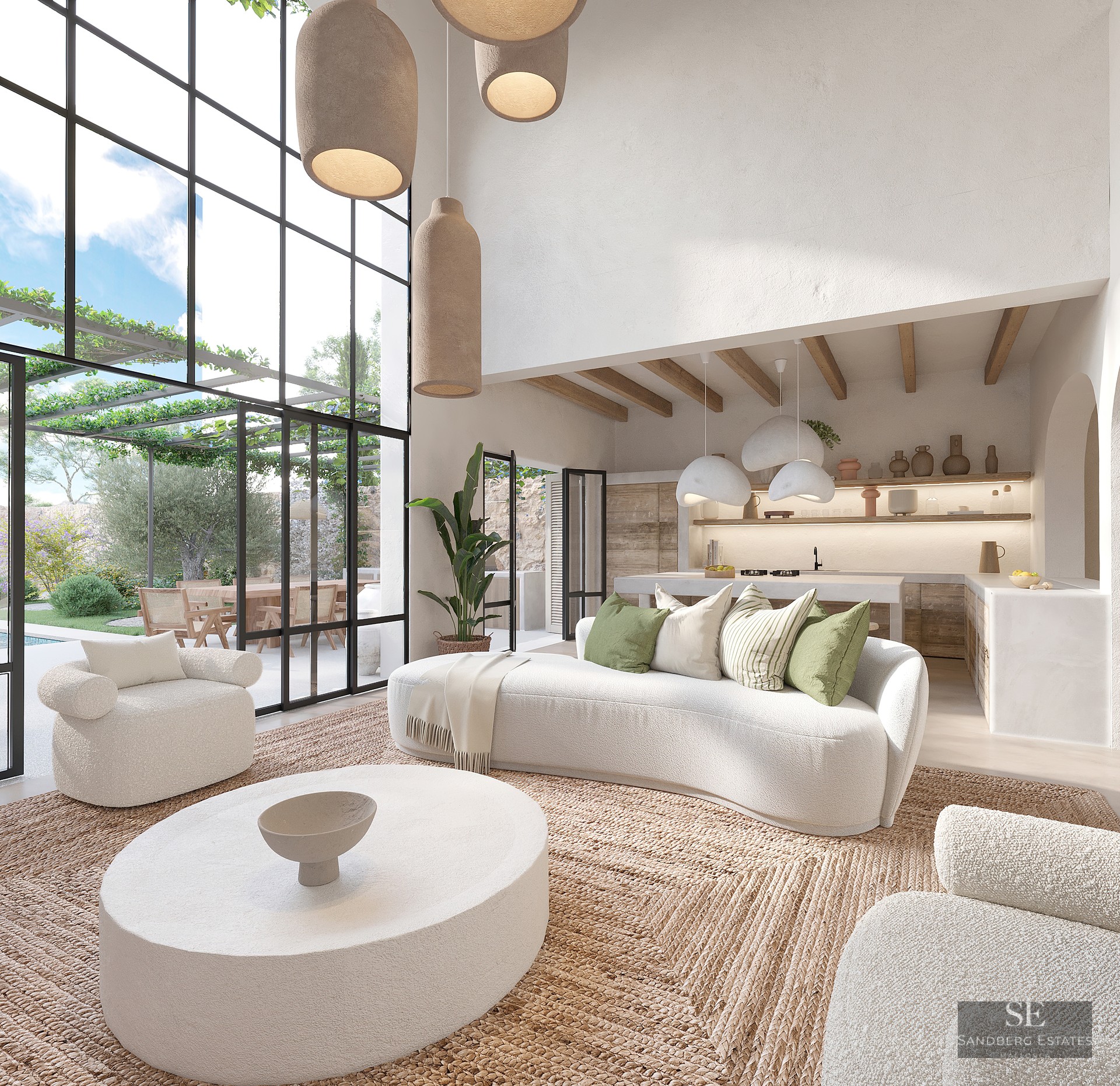 Spacious white living room with curved sofas, jute rug, and floor-to-ceiling windows overlooking a lush terrace.