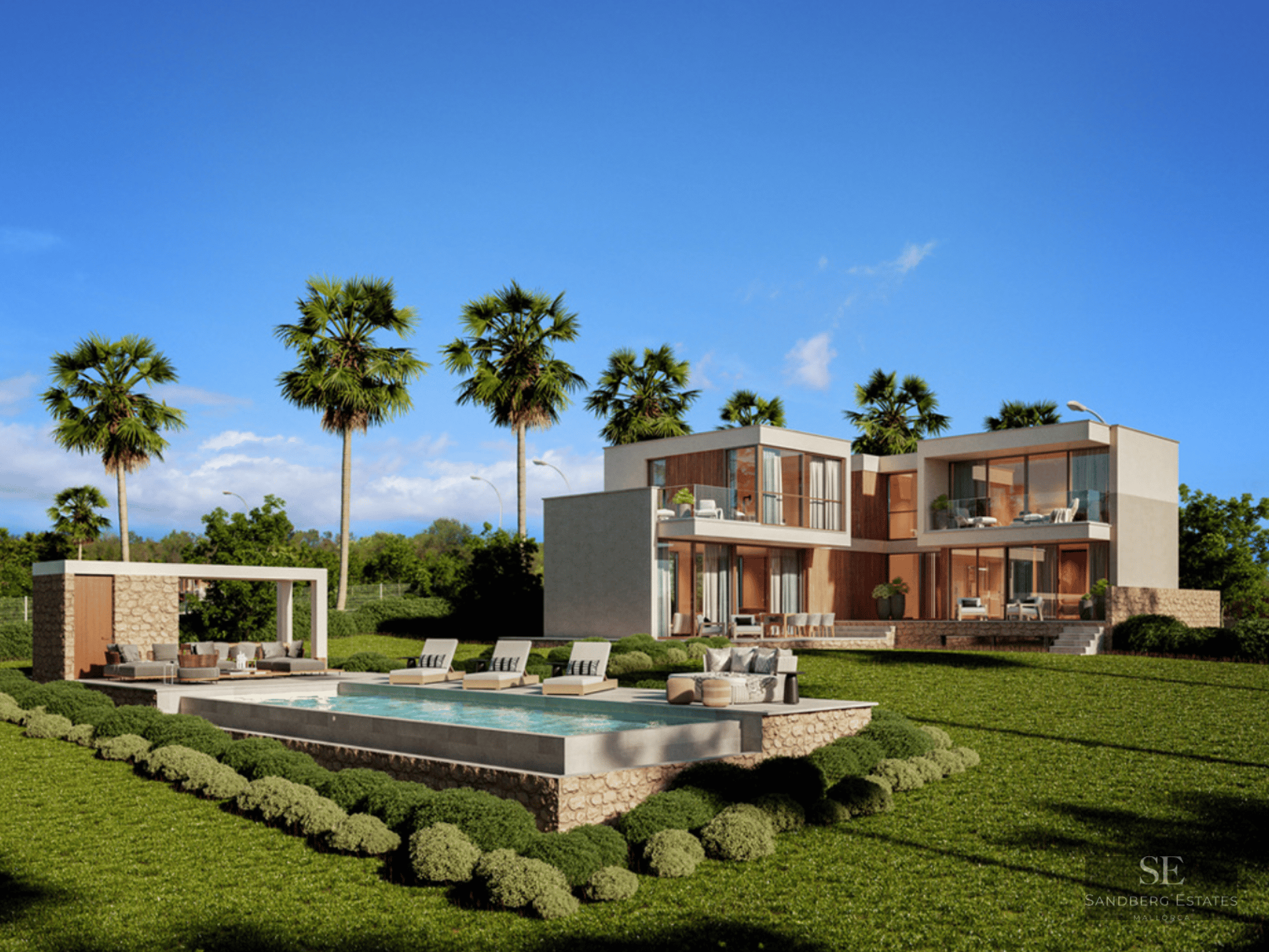 Modern two-story villa with a large swimming pool, sun loungers, and palm trees on a lush green lawn under a clear blue sky.