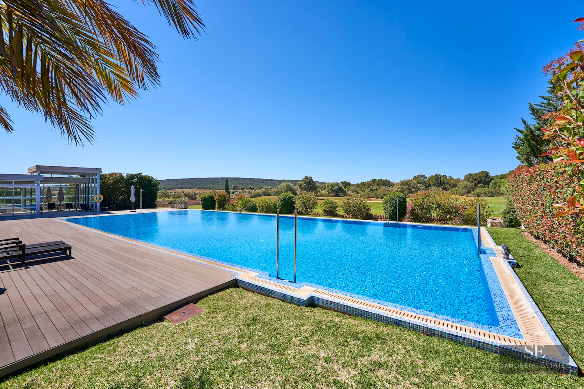 Blue rectangular pool with a wooden deck, green lawn, and landscape views under a clear blue sky.