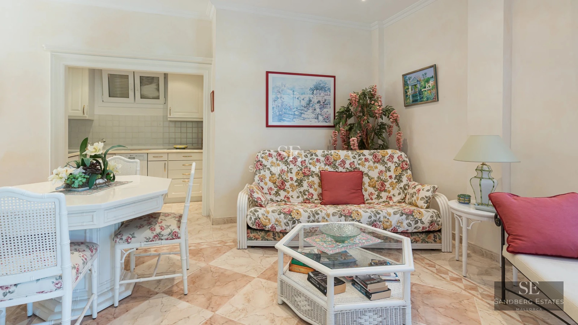 Panoramic view of luxurious living room with large windows, modern furniture, and terrace with pool. Elegant and bright design.