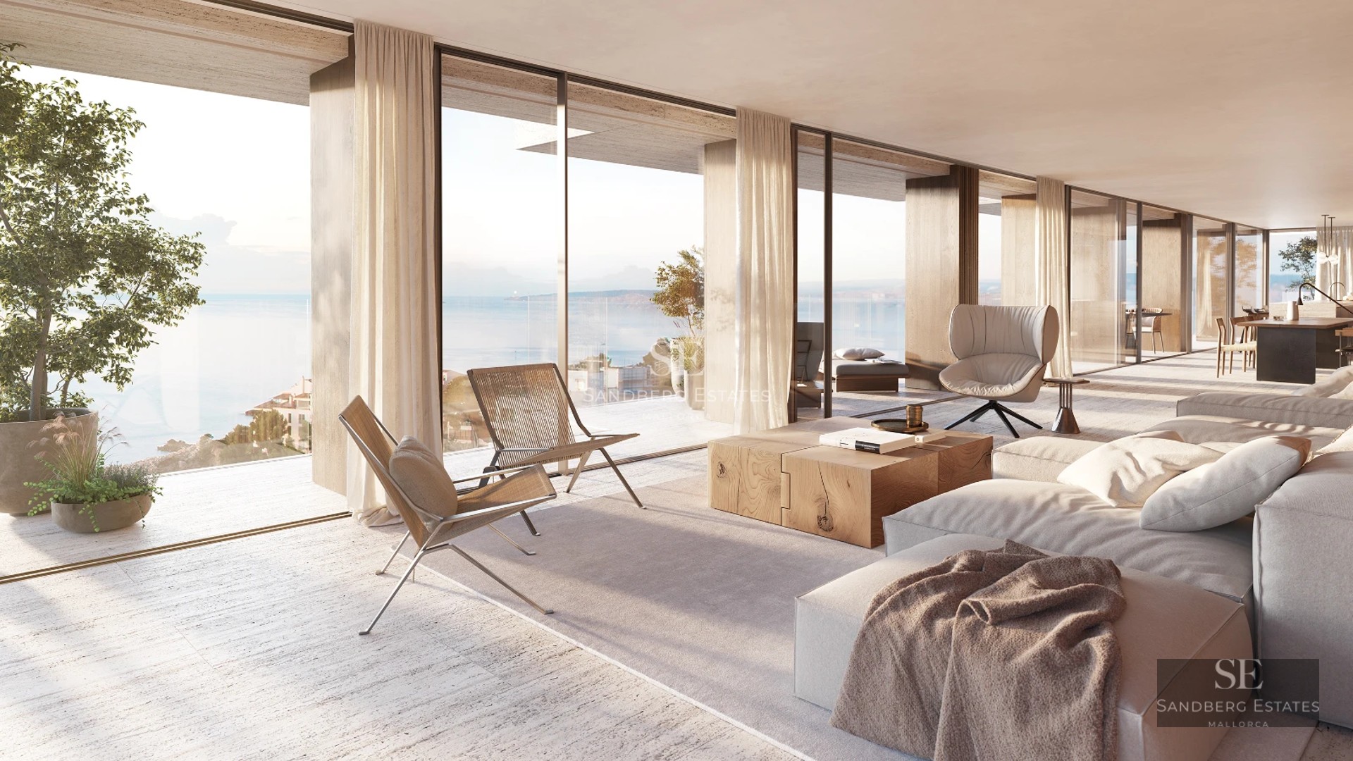 Terrace with pool, modern furniture, and panoramic views. Glass railing and tiled floor. Elegant and contemporary design.