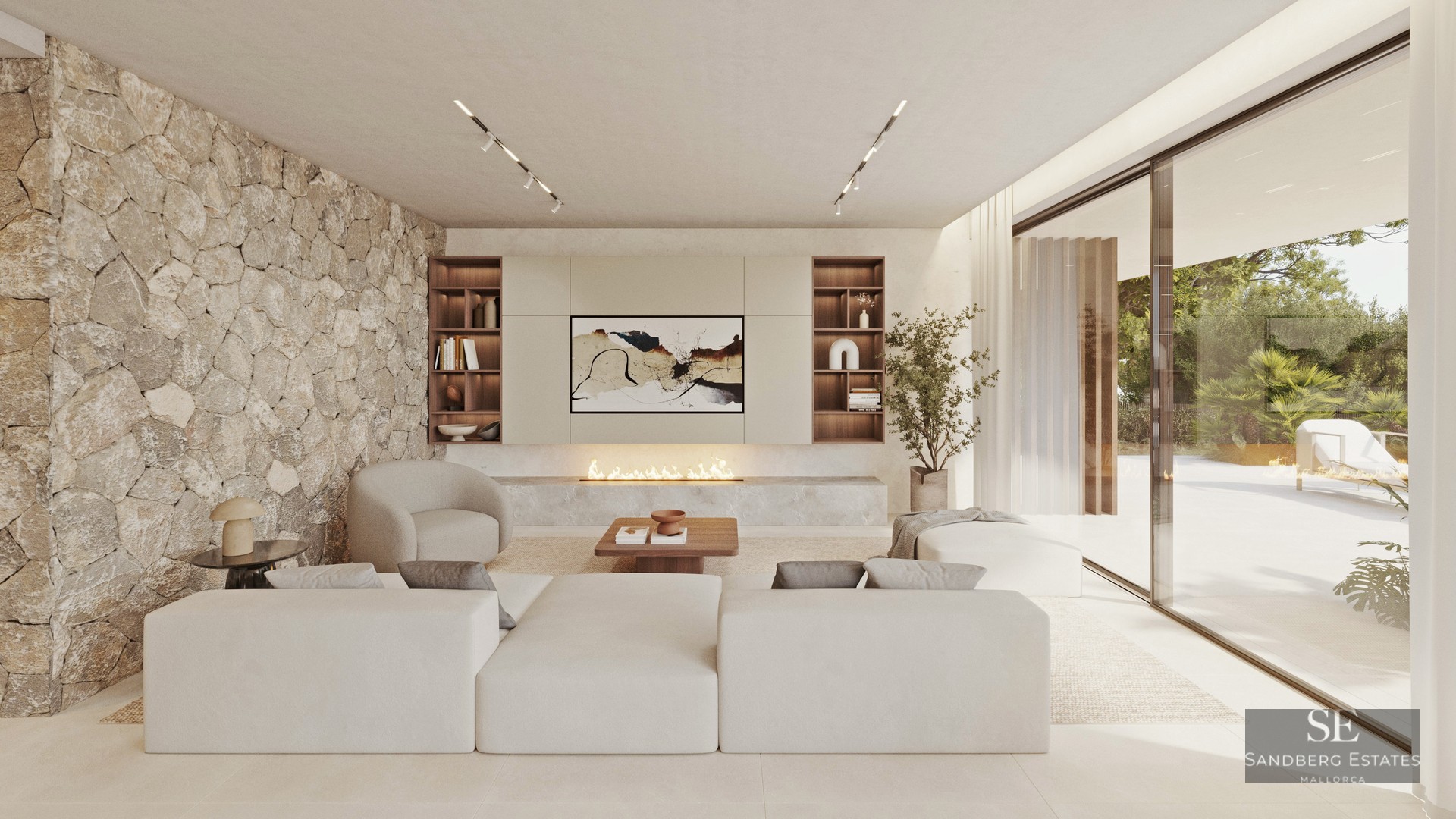 Modern bright living room with large white modular sofa, linear fireplace, and a natural stone accent wall.