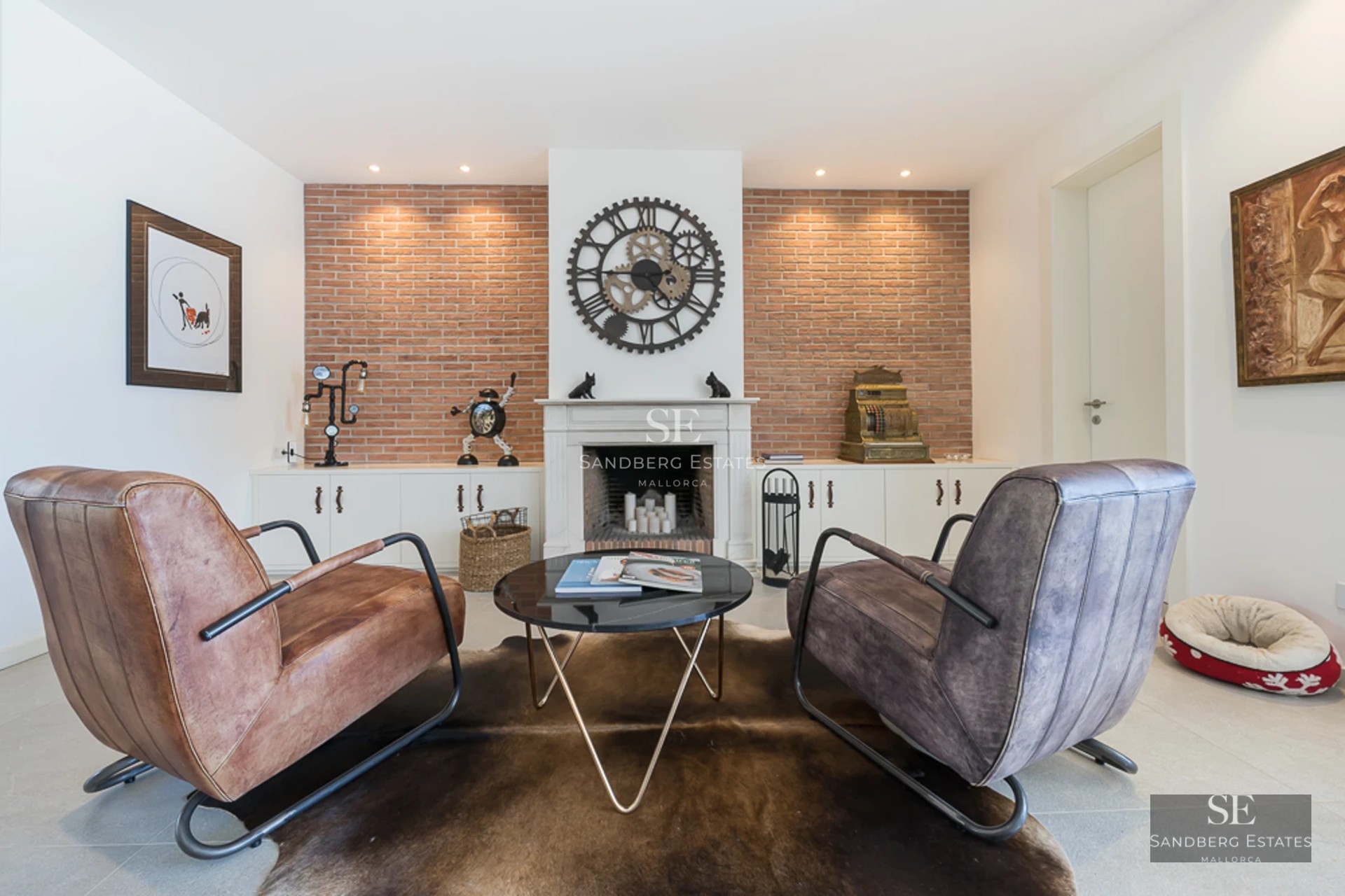 Exterior view of a modern villa with pool, lush garden and large window illuminating the interior. Minimalist design with luxurious finishes.