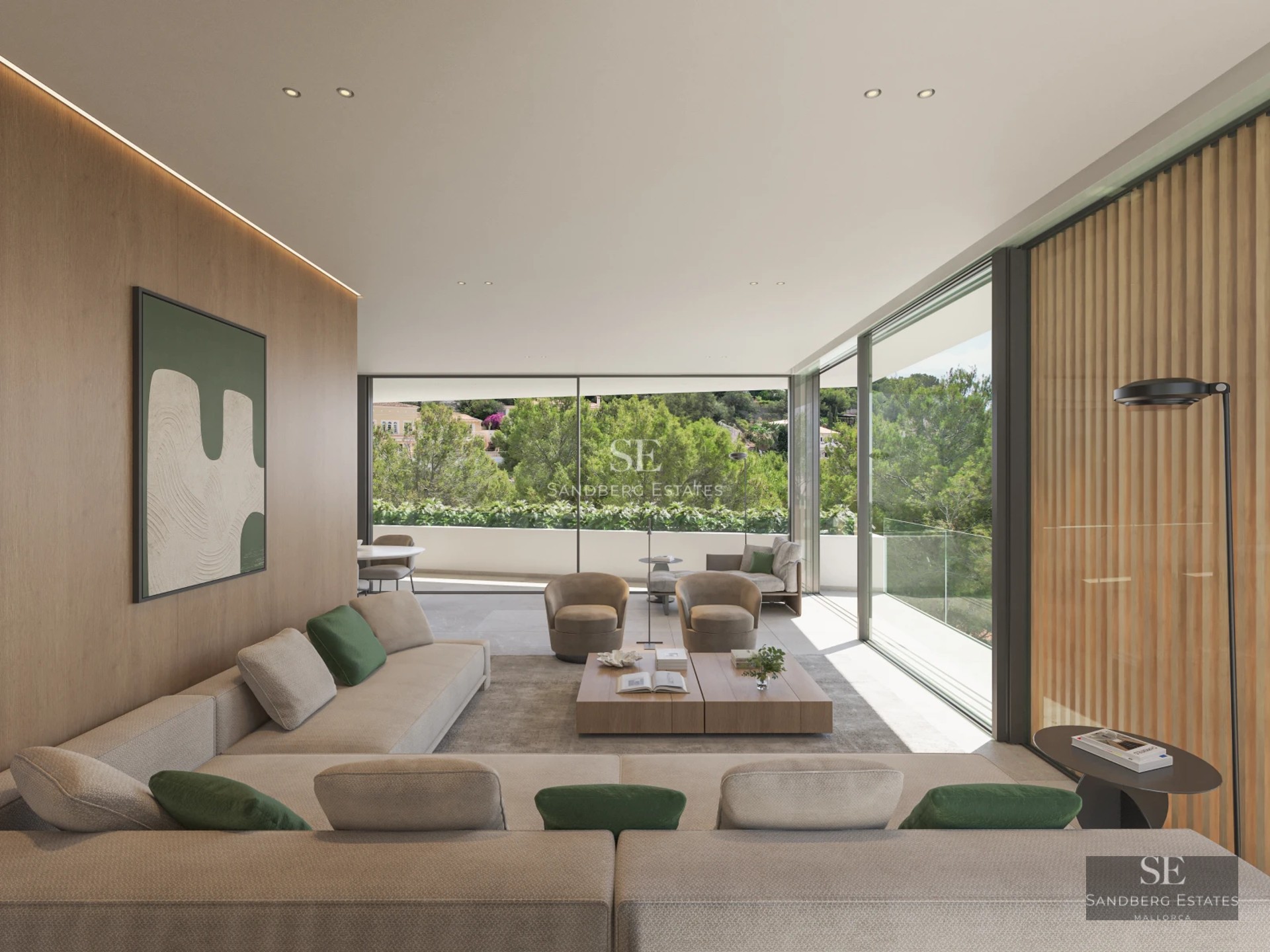 Exterior view of a modern home with a pool, large garden, and minimalist architecture. Stone facade and large windows.