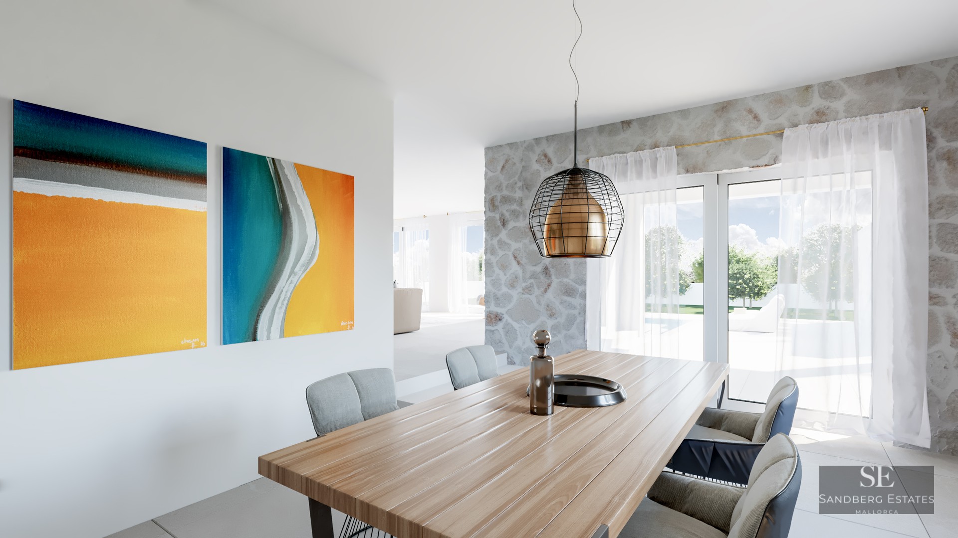 Modern dining area with wood table, designer lamp, stone wall, and vibrant abstract art overlooking a bright terrace.