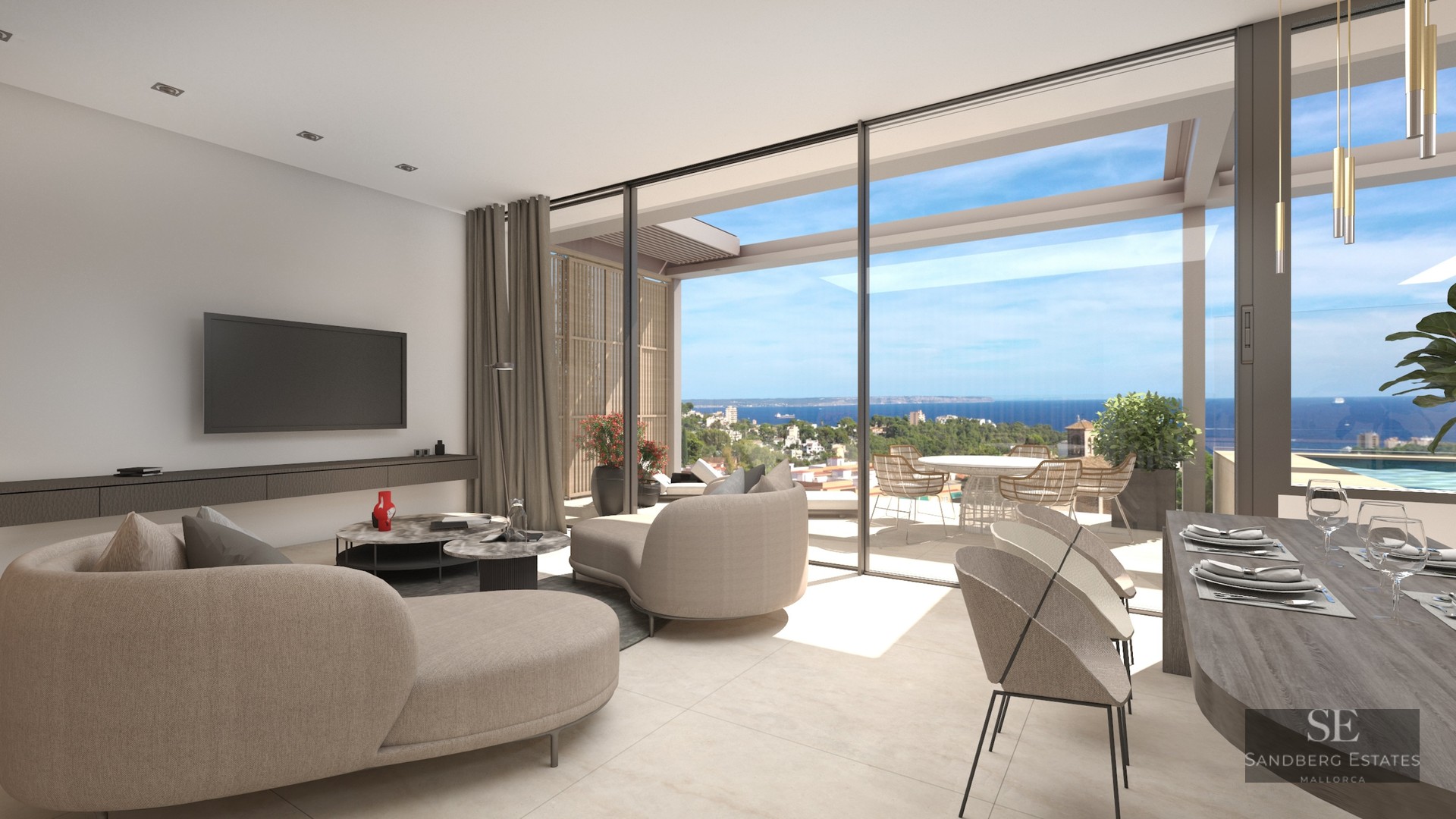 Bright modern living room with curved beige sofas and floor-to-ceiling glass doors opening to a terrace with sea views.