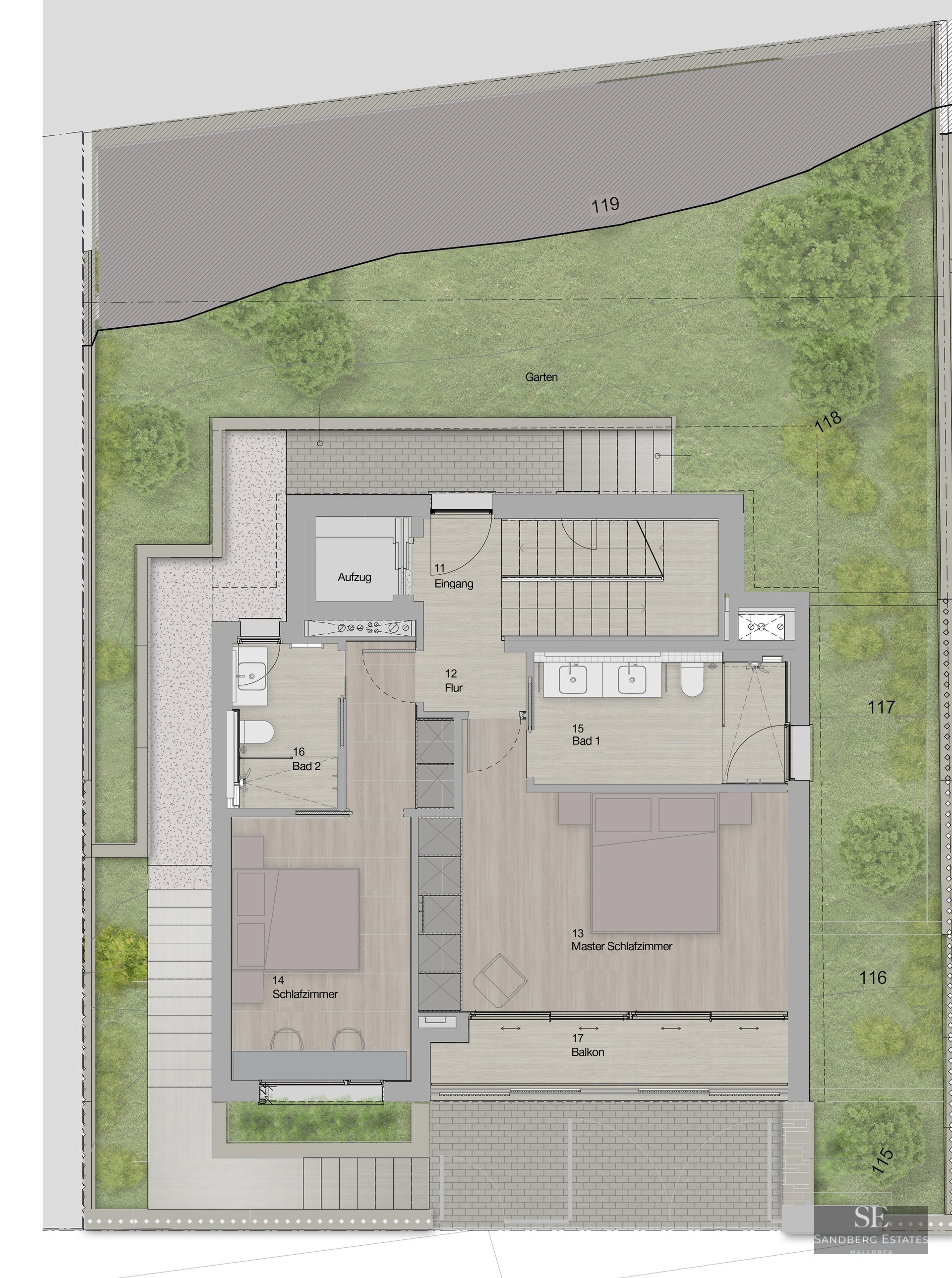 Detailed architectural floor plan showing two bedrooms, bathrooms, and surrounding garden area.