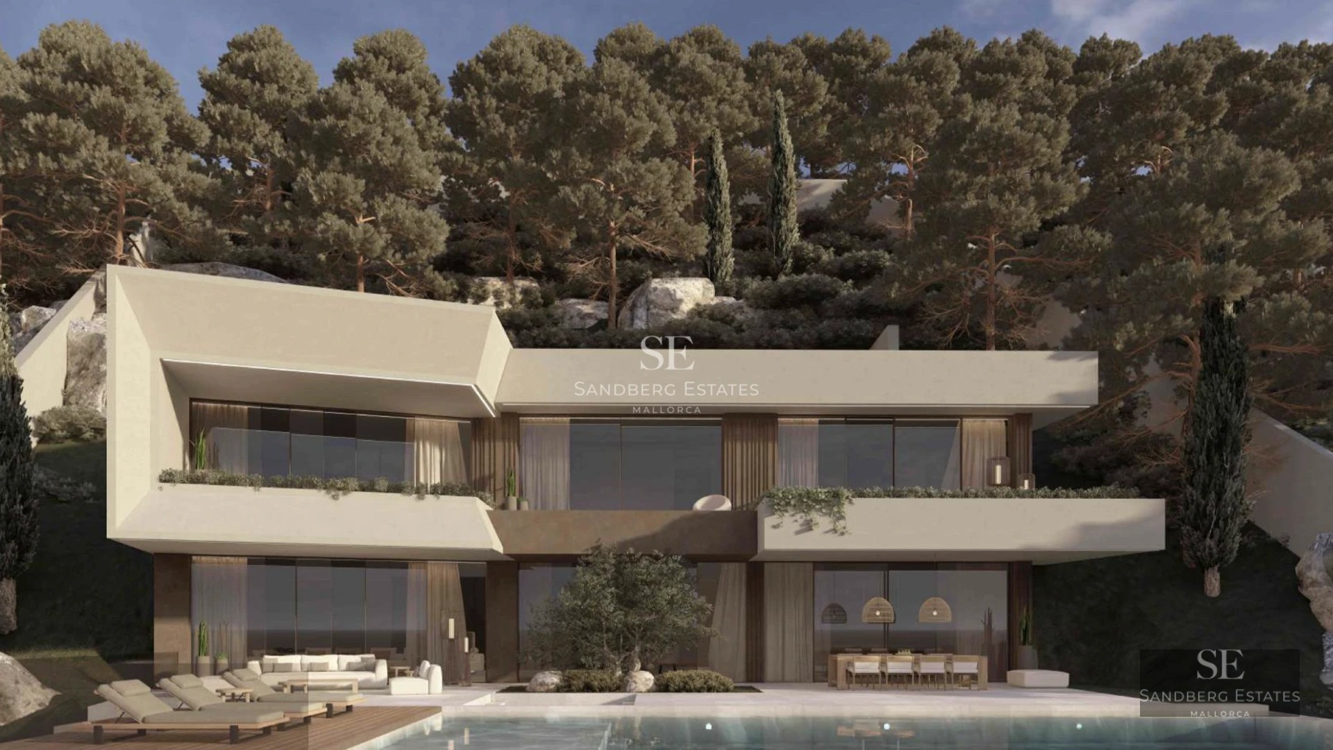 Exterior view of a luxury villa featuring an infinity pool, lush garden, and panoramic sea views. Modern and elegant architecture.